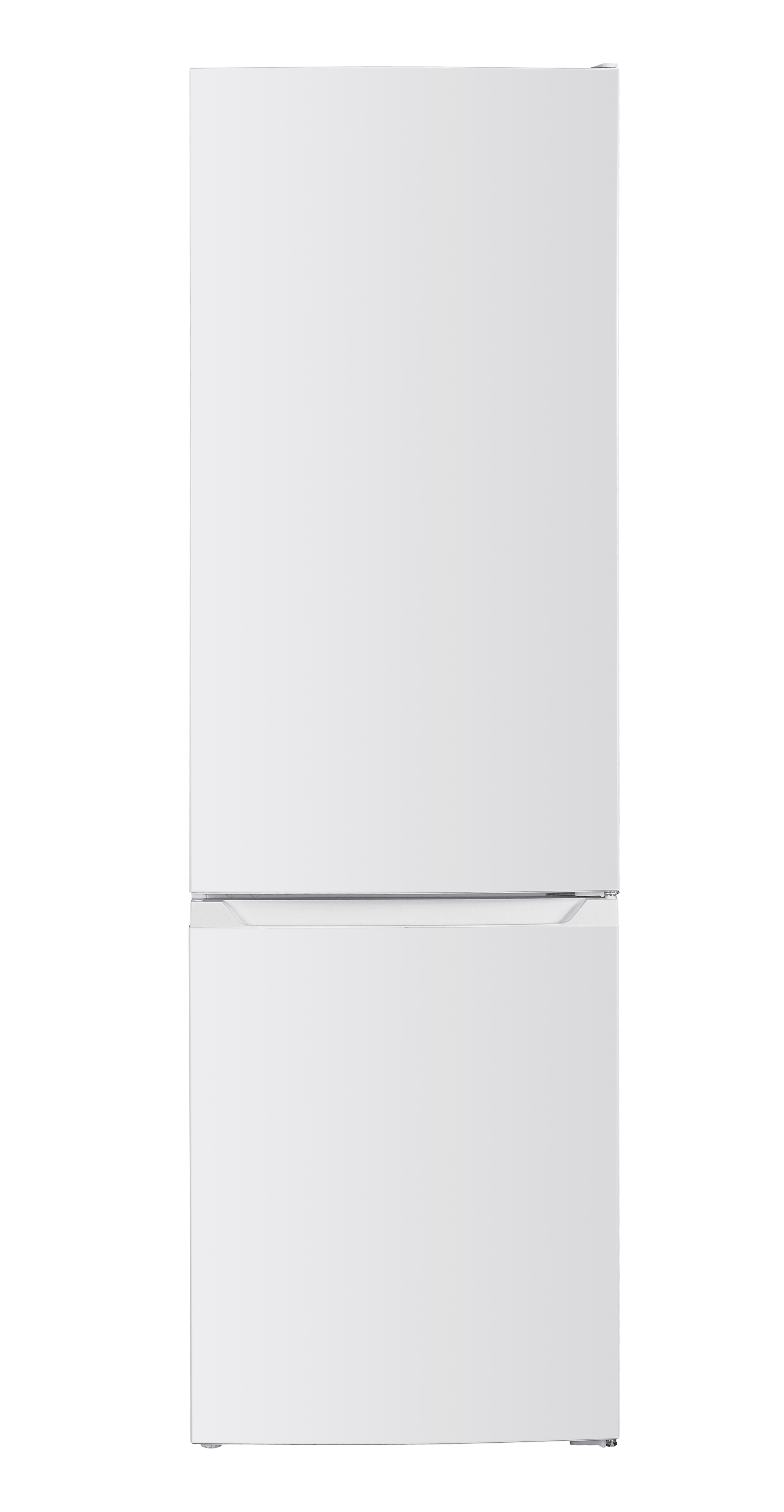 Weißer Kühlschrank mit oberem und unterem Bereich. Es ist ein modernes Design.