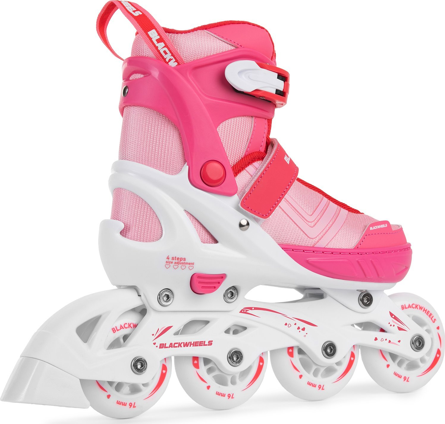 Patines en línea rosas y blancos, vistos de lado. Cuenta con una bota rosa y un marco blanco.