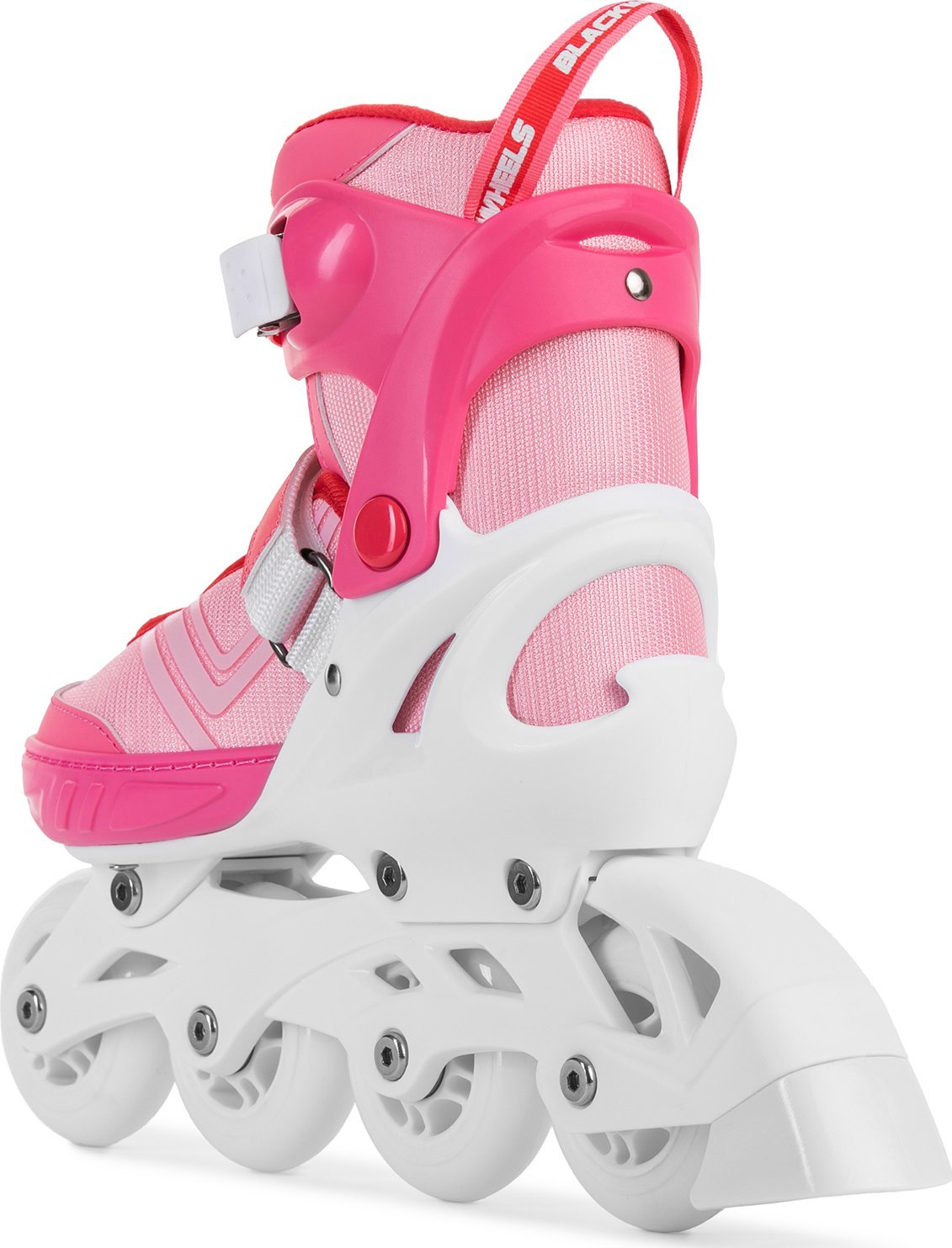 Patines en línea rosas y blancos, vistos de lado. Cuenta con una bota rosa y un marco blanco.