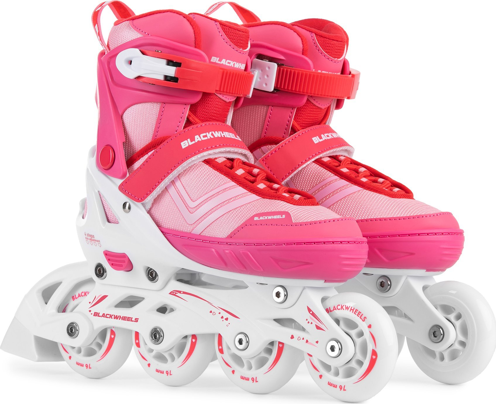 Un par de patines en línea rosas y blancos. Las botas son rosas, los marcos blancos. Ruedas visibles.