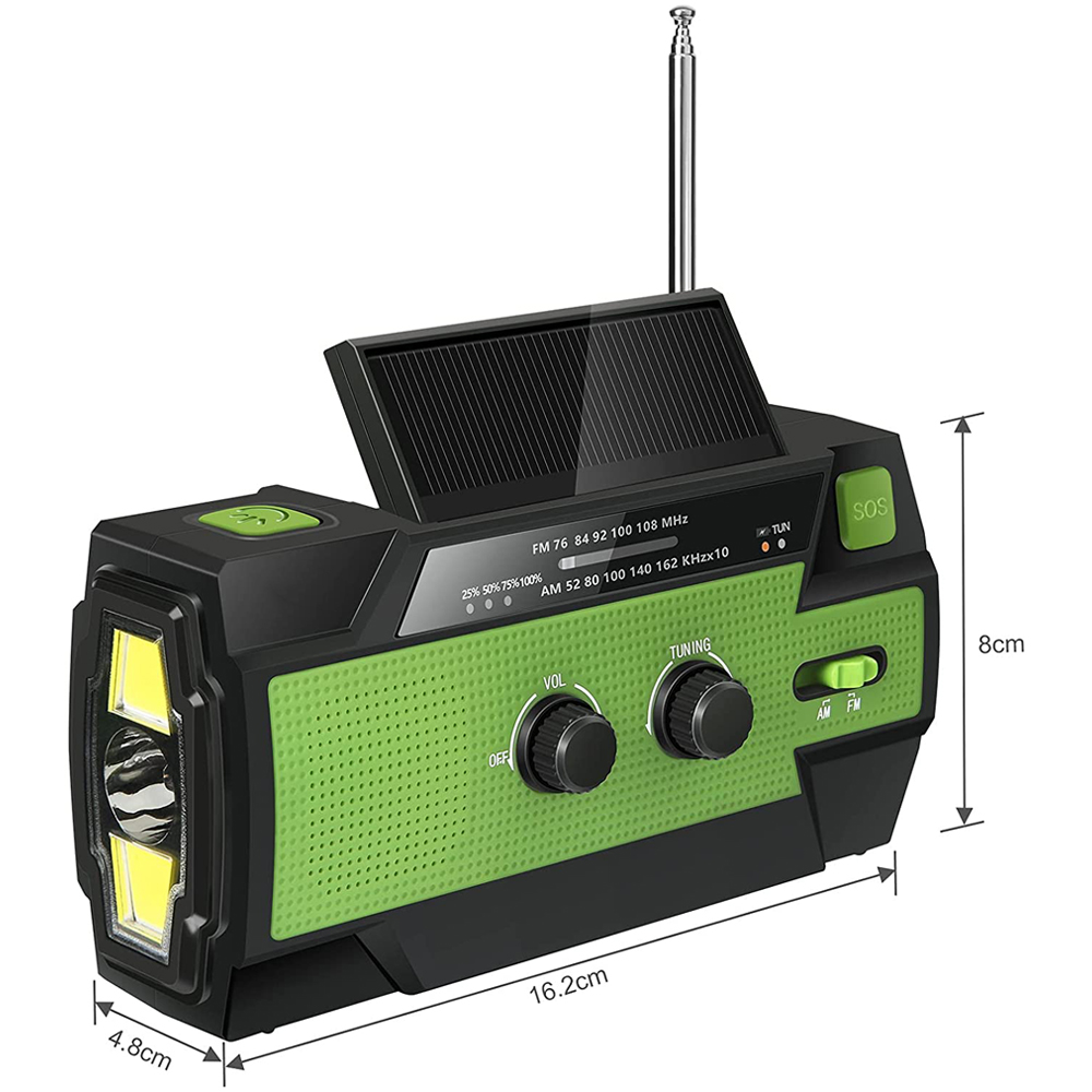 Schwarzes und grünes Notfallradio mit Solarpanel, Taschenlampe und Bedienelementen.