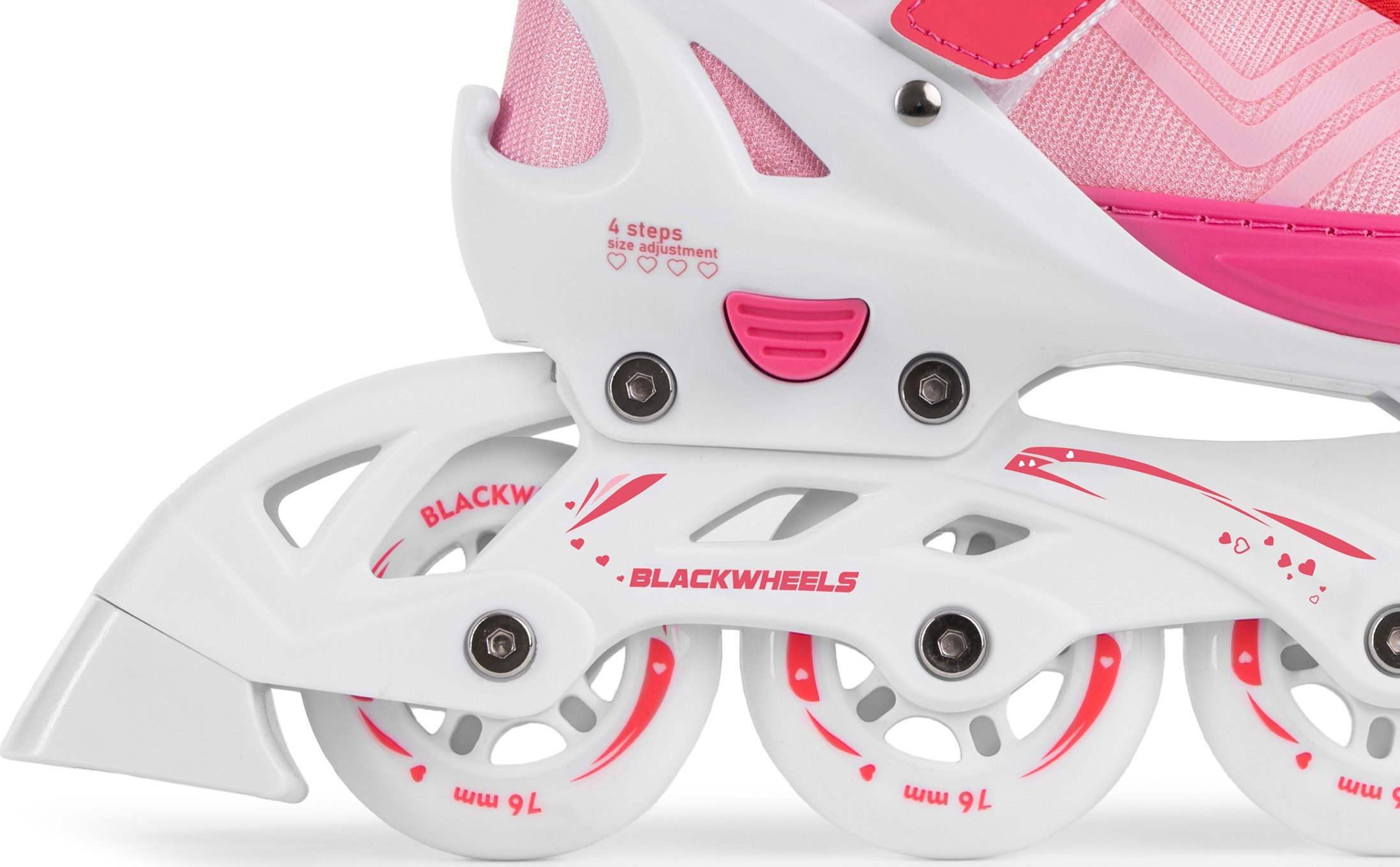 Primer plano de un patín en línea rosa y blanco con ruedas rojas y el texto 'BLACKWHEELS'.