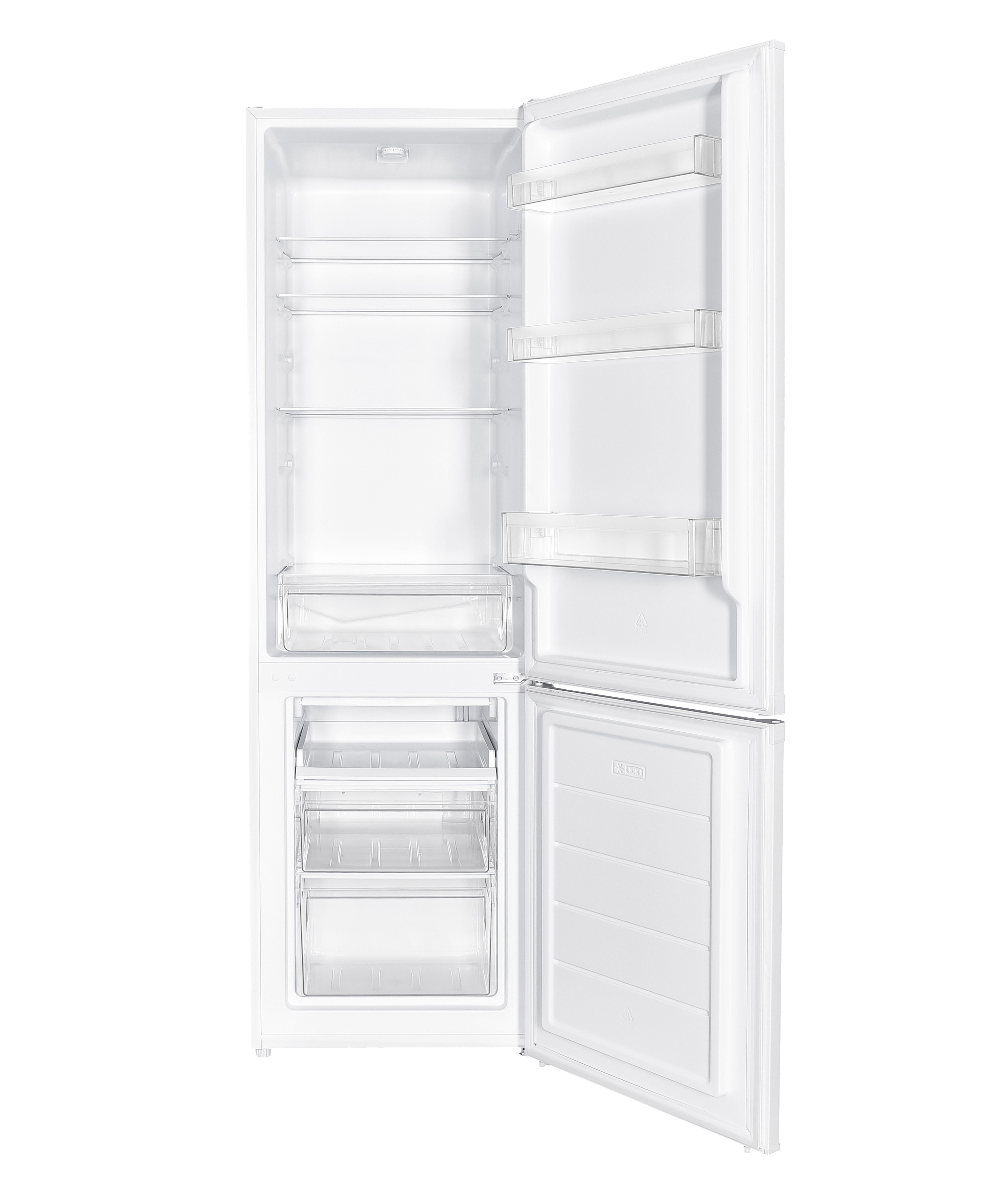 Ein geöffneter weißer Kühlschrank mit sichtbaren Regalen und Schubladen. Das Gefrierfach befindet sich unten.