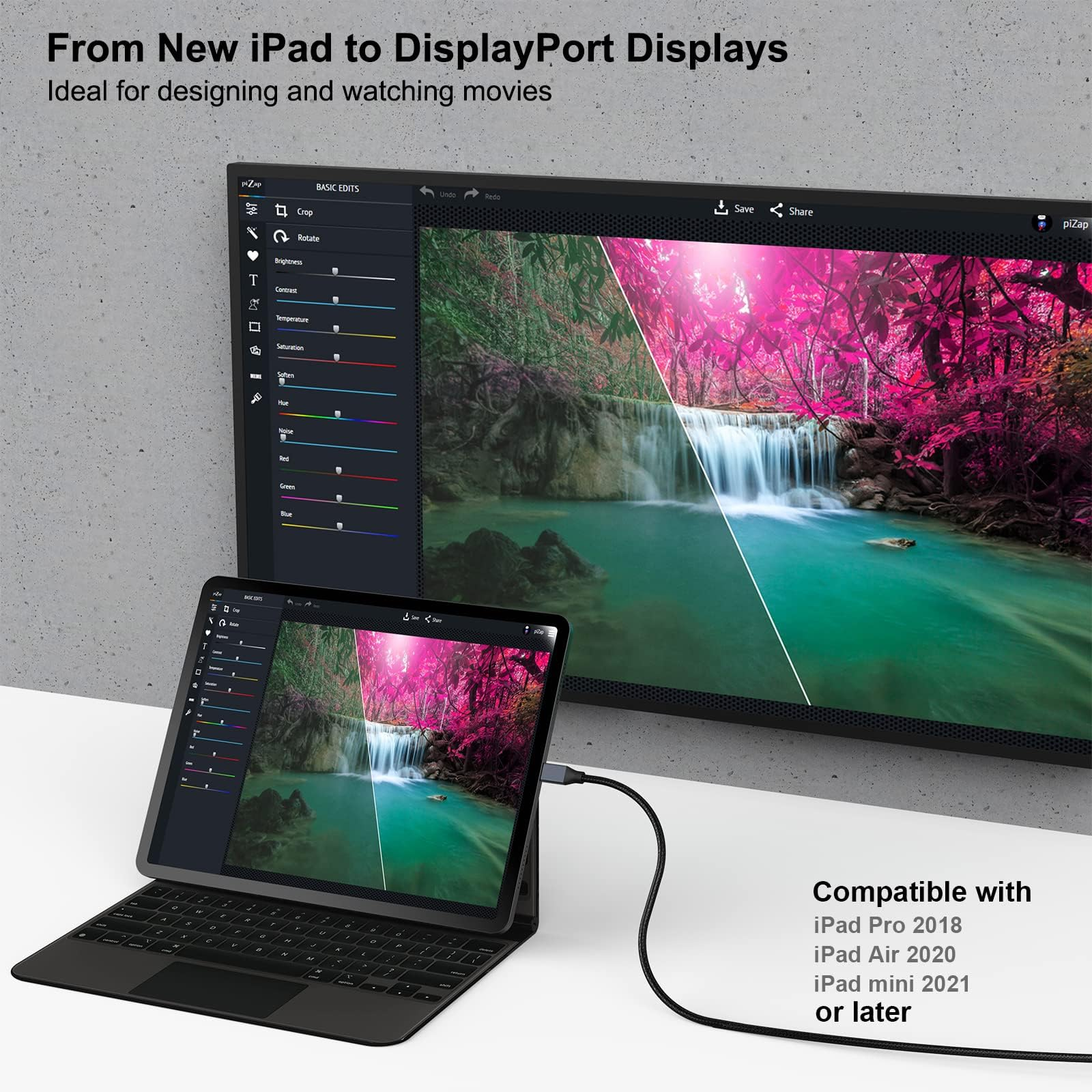 Ein iPad, das mit einem Monitor verbunden ist, zeigt eine Bearbeitungssoftware an. Der Monitor zeigt ein Landschaftsfoto.