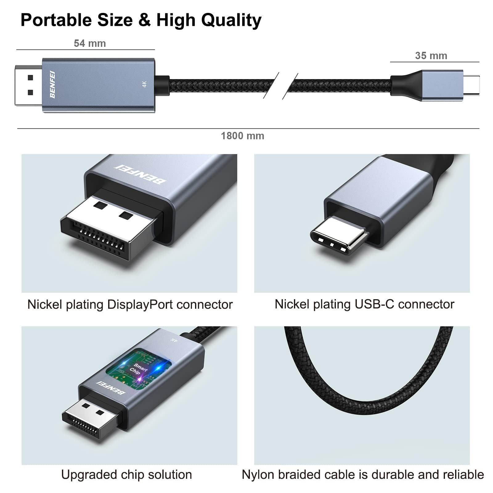 Ein schwarz-graues USB-C-zu-DisplayPort-Kabel mit Spezifikationen von 4K-Auflösung und Abmessungen.