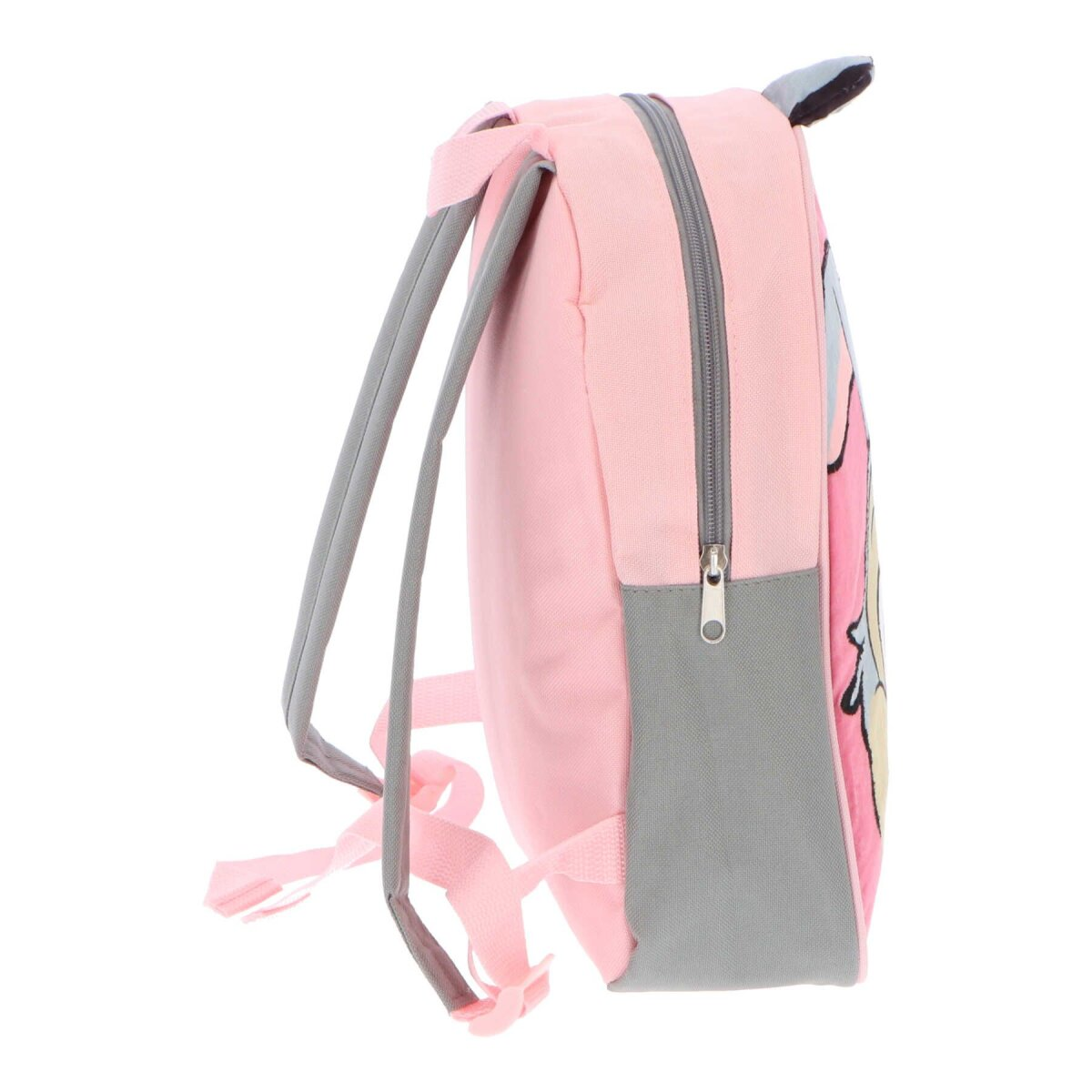 Rosa Rucksack mit grauen Seiten und Trägern, zeigt die Seitenansicht mit Reißverschluss und Details.