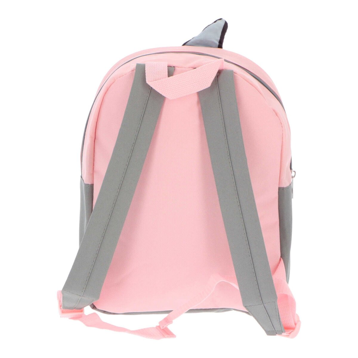 Rosa und grauer Rucksack. Er hat graue Träger und eine graue Haifischflosse oben.