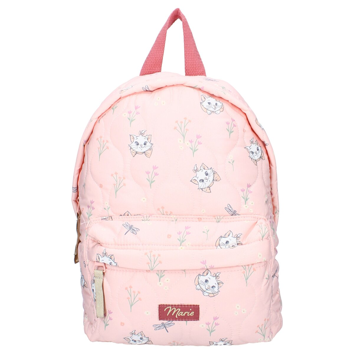 Rosa Rucksack mit Katzenmuster. Er hat einen rosa Griff und eine Tasche mit einem Katzenlogo.