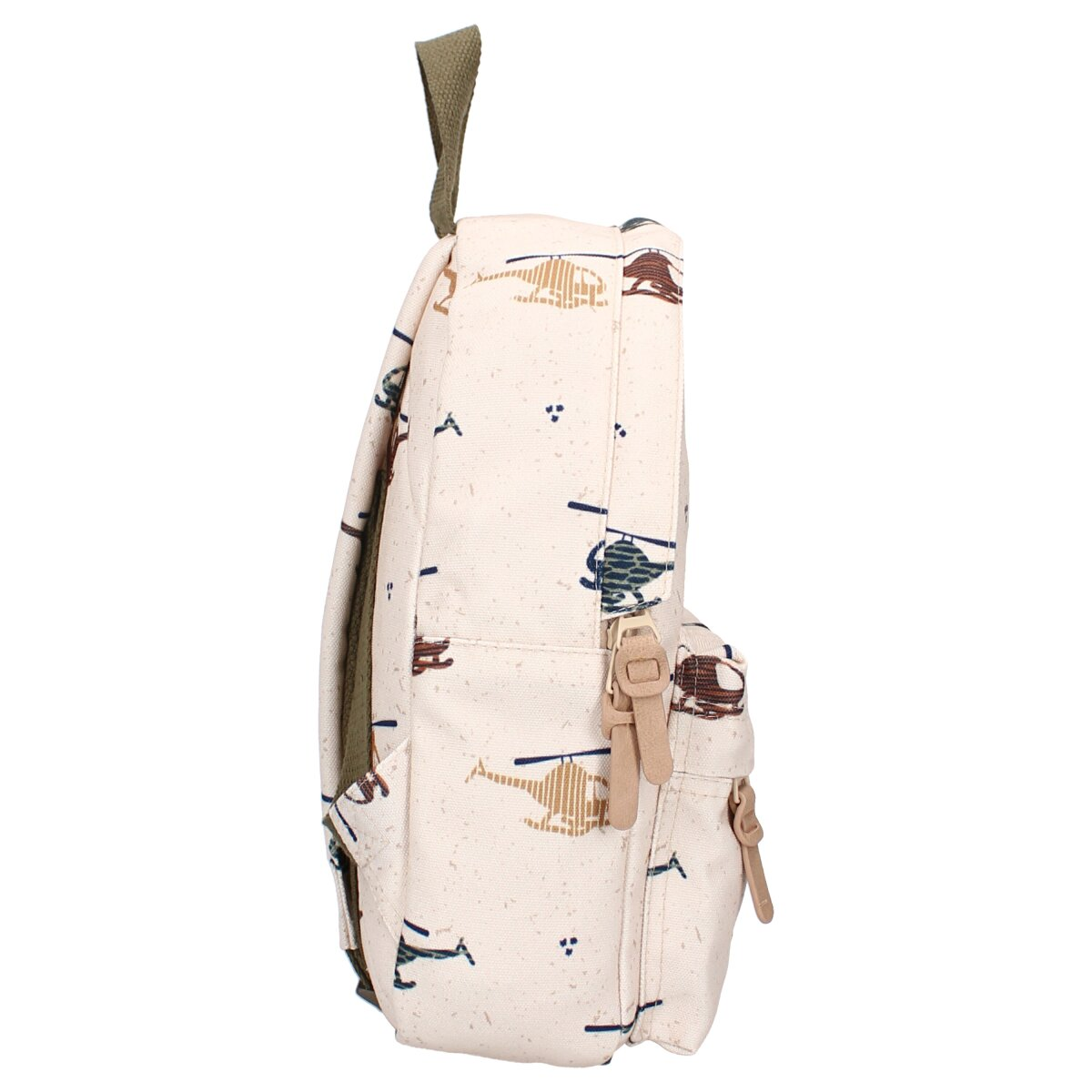 Seitenansicht eines cremefarbenen Rucksacks mit Hubschraubermuster und kleiner Tasche.