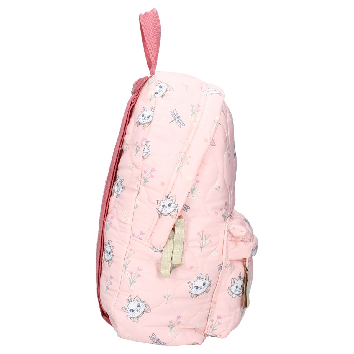 Rosa Rucksack mit Marie-Katzenmuster und Griff auf weißem Hintergrund.