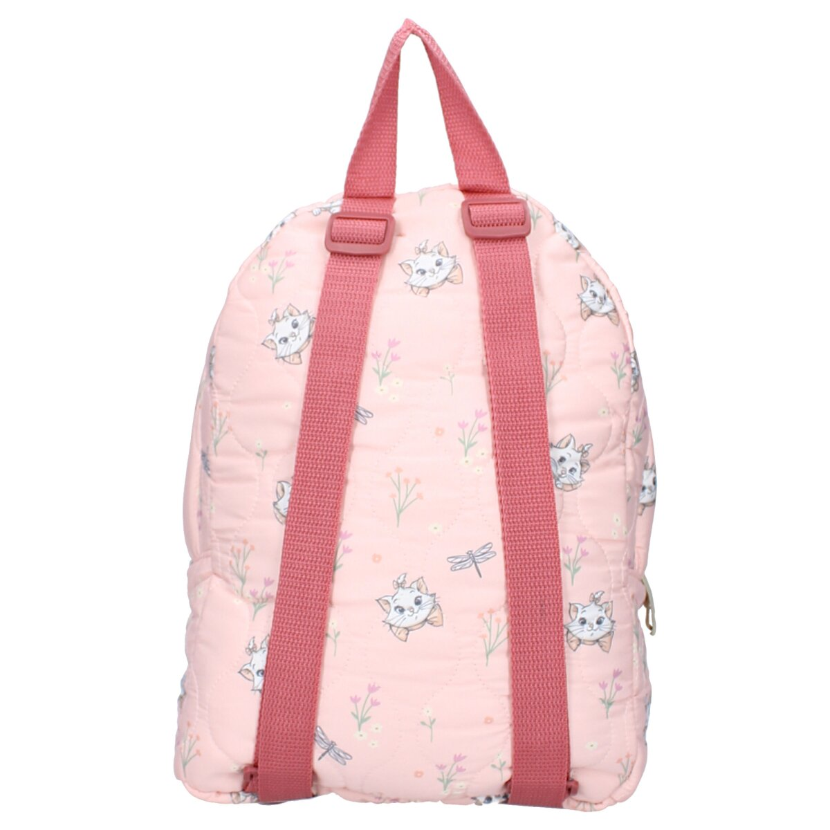 Rosa Rucksack mit floralem Muster und rosa Trägern. Mit einem Zeichentrick-Katzen-Design.