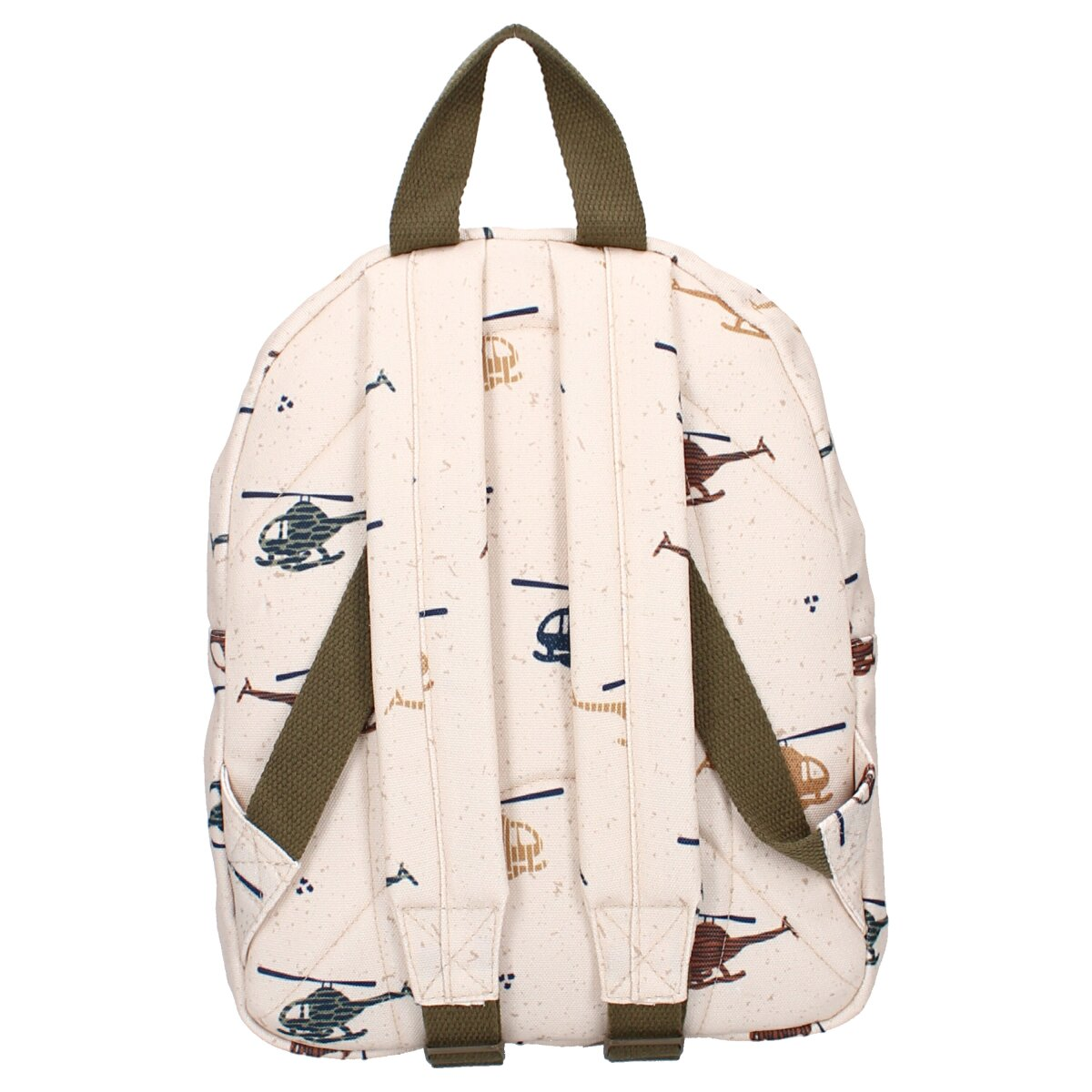 Rucksack mit cremefarbenem Hintergrund und Hubschrauber-Illustrationen, zeigt die Rückseite.