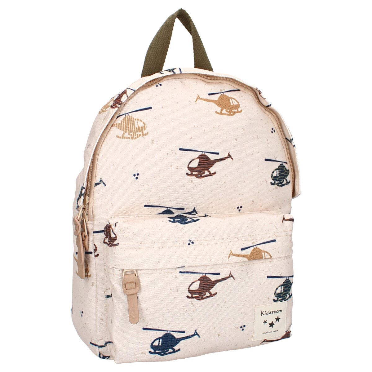 Cremefarbener Rucksack mit Helikopter-Muster und Vordertasche. Die Marke ist Kidzroom.