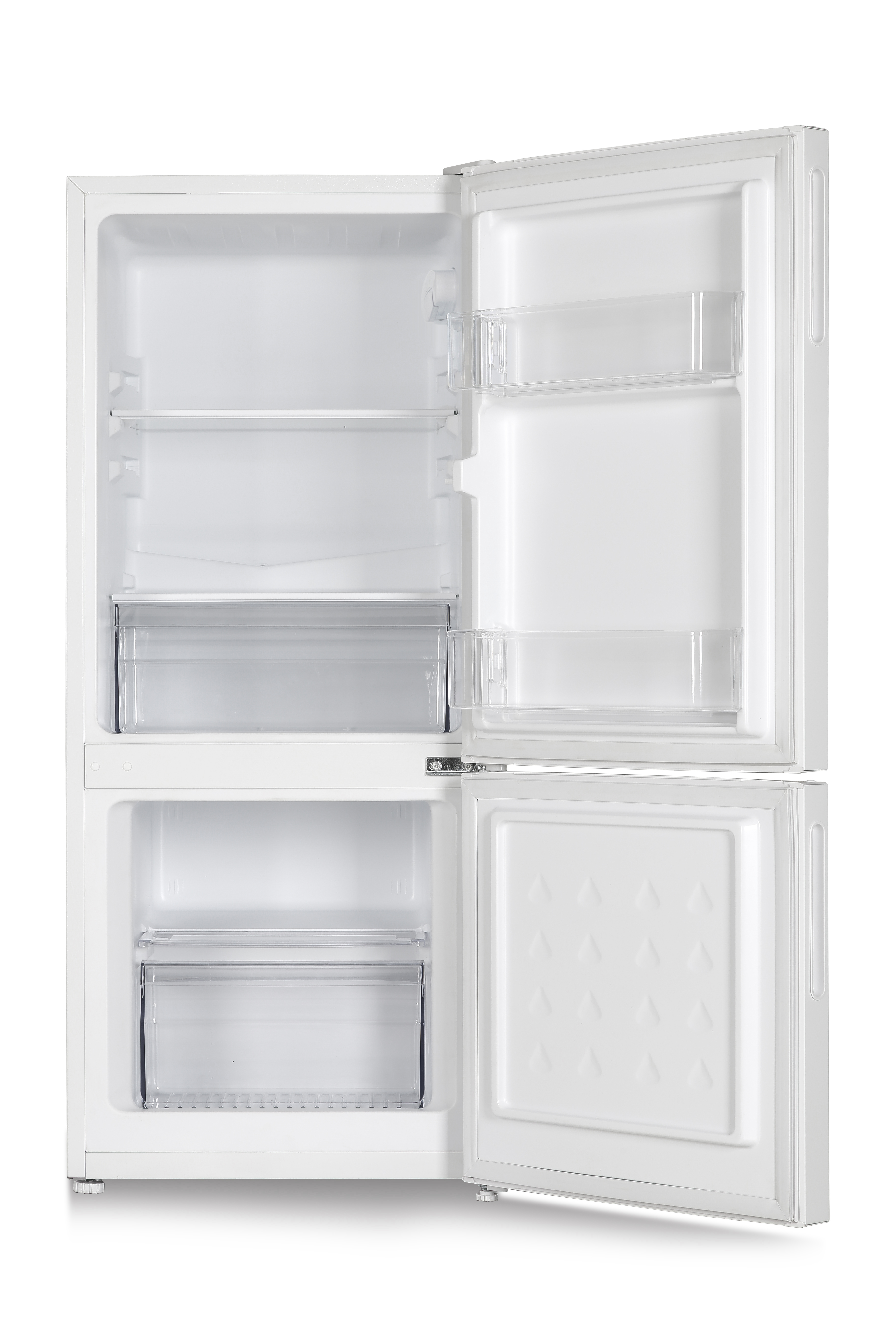 Weißer Kühlschrank mit zwei geöffneten Türen. Innen befinden sich Regale, Schubladen und Stauraum.