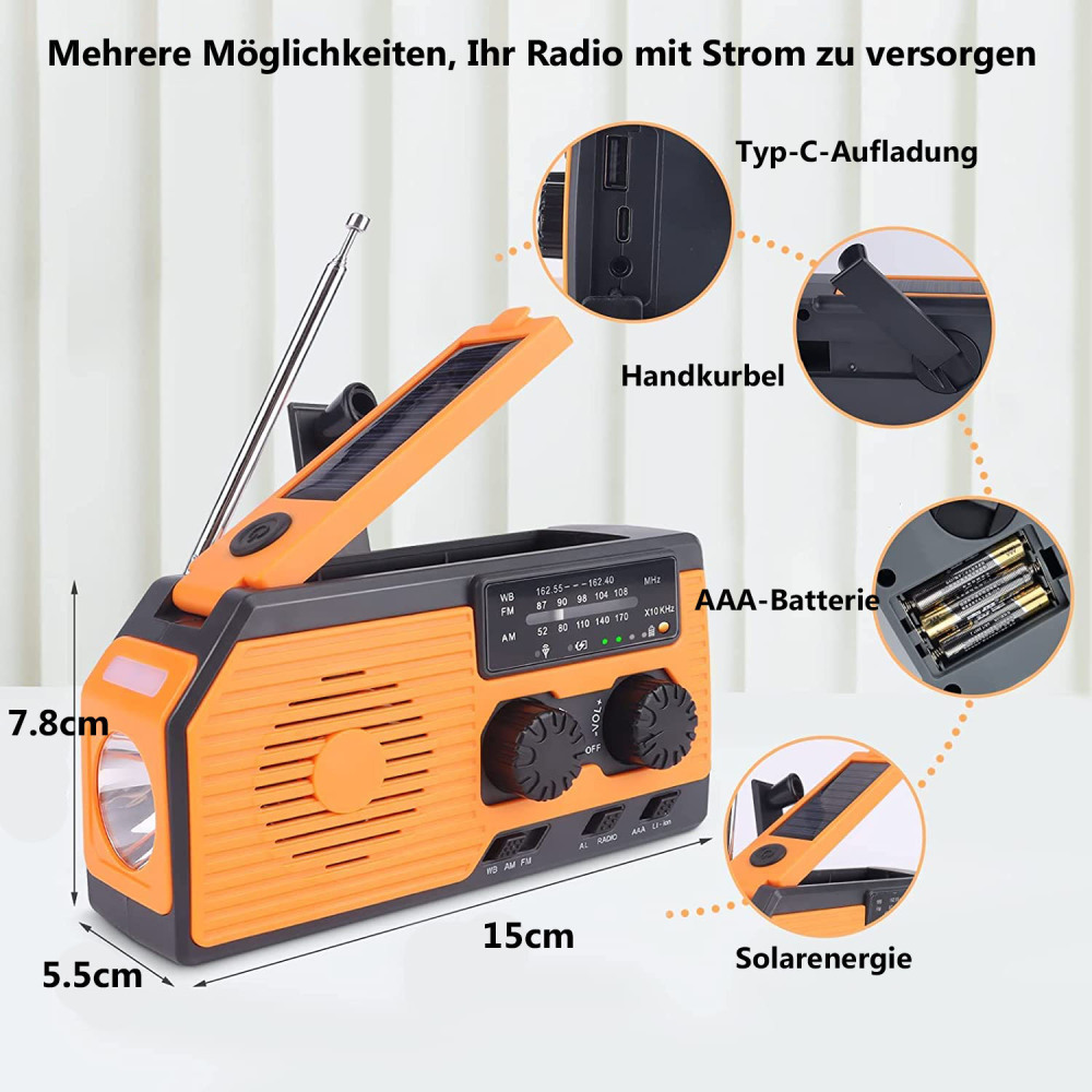 Notfallradio mit Solarpanel, Taschenlampe und Antenne. Orange-graues Farbschema ist sichtbar.