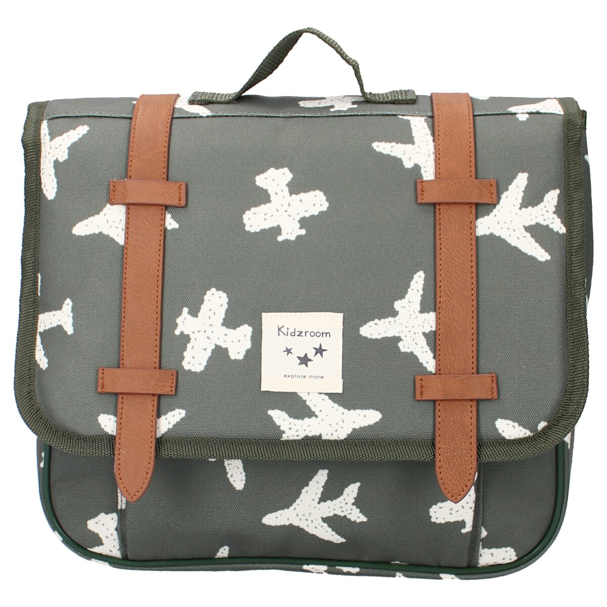 Eine Schultasche mit Flugzeugdruck von Kidzroom. Sie ist grau mit weißen Flugzeugformen und braunen Riemen.