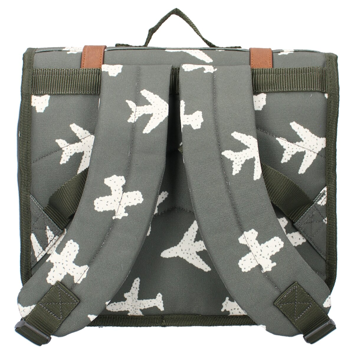 Rückseite einer grauen Kidzroom Schultasche. Sie hat weiße Flugzeugformen und grüne Riemen.