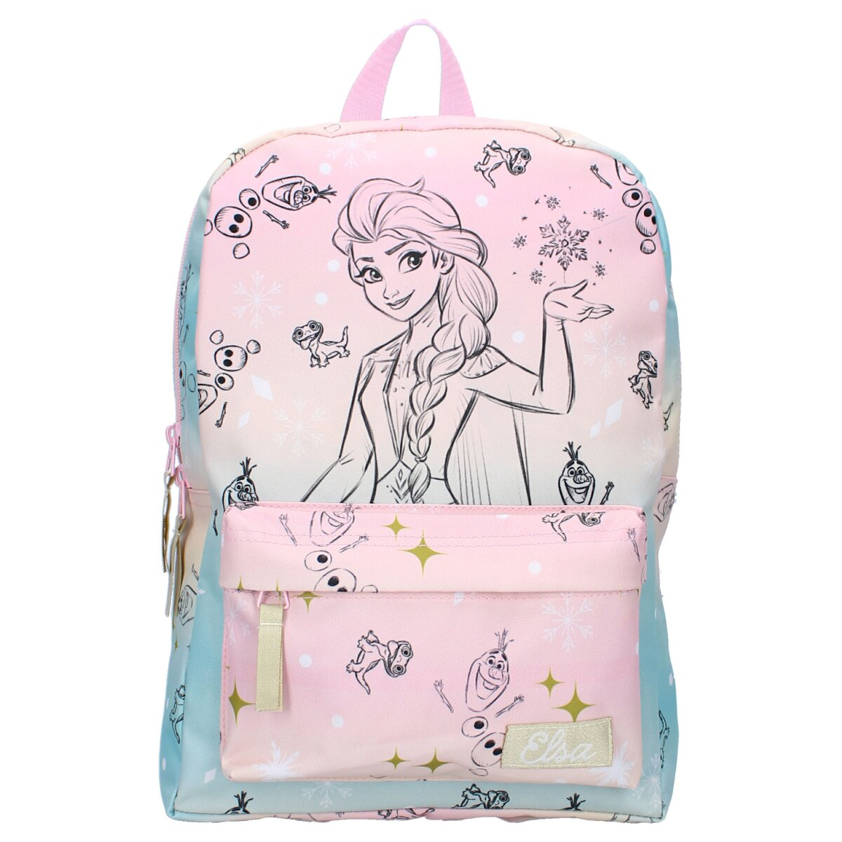 Elsa-Rucksack mit rosa-blauem Farbverlauf. Elsa steht im Mittelpunkt, umgeben von Zeichnungen.