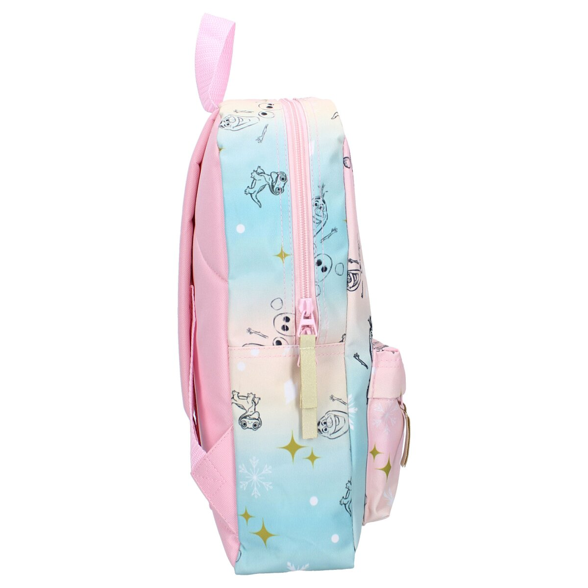 Rosa-blauer Frozen-Rucksack mit Reißverschluss und Seitentasche, mit Figuren und Schneeflocken.