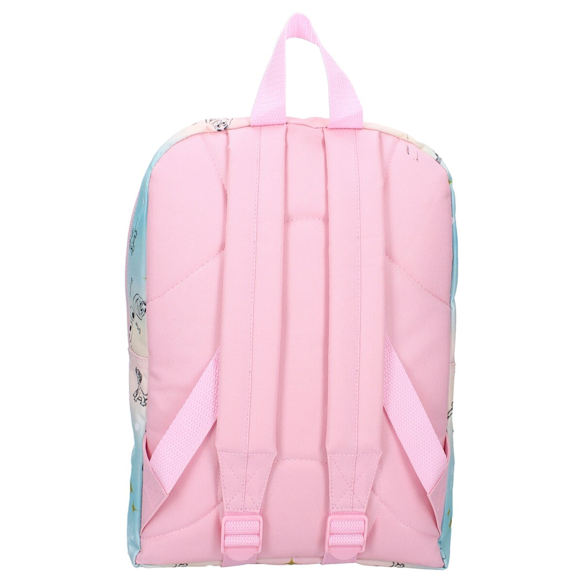 Rosa und hellblauer Rucksack mit rosa Trägern, zeigt die Rückseite und die Träger der Tasche.