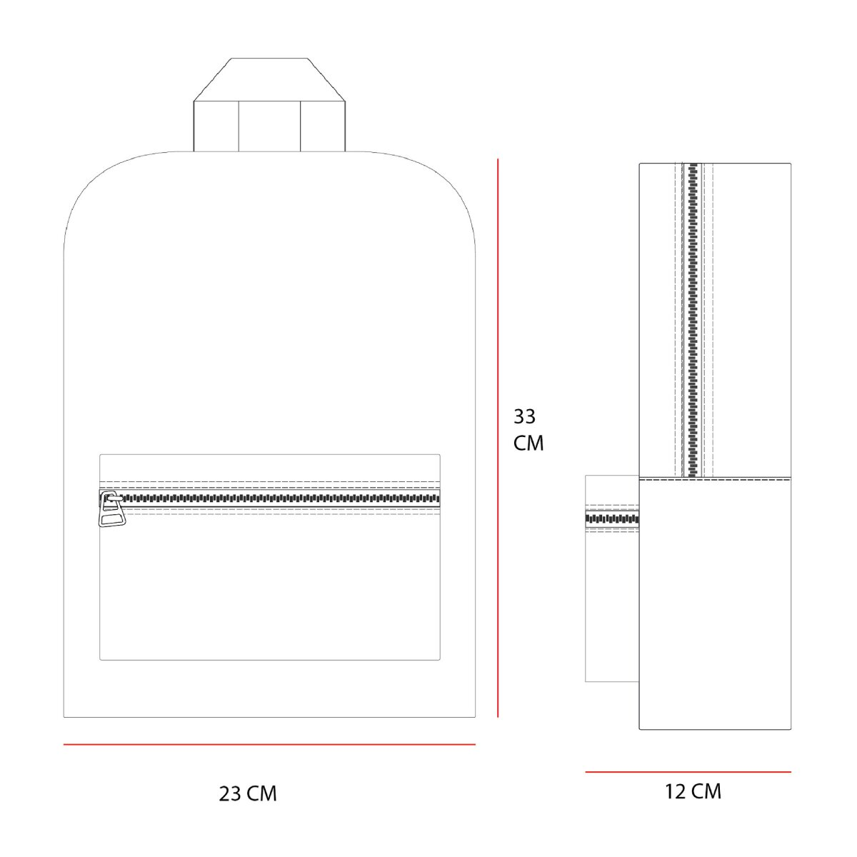 Weiße Strichzeichnung eines Rucksacks mit den Maßen 23 cm, 33 cm und 12 cm.