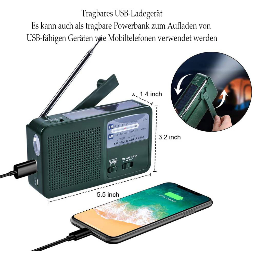 Grünes Radio mit ladendem Telefon. Zeigt Bildschirm mit Ladestatus, USB-Kabel verbunden.