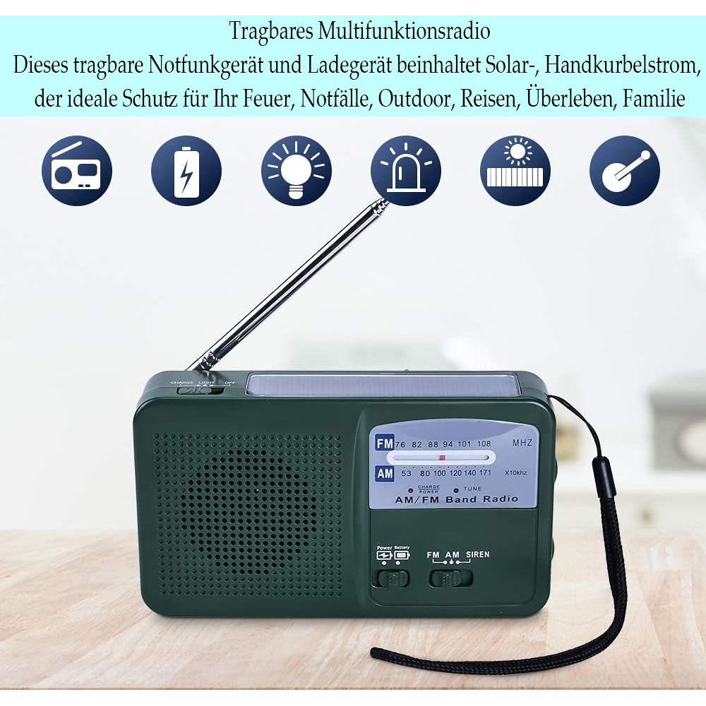 Grünes Radio mit Antenne und mehreren Symbolen, die Funktionen wie Sirene und Licht darstellen.