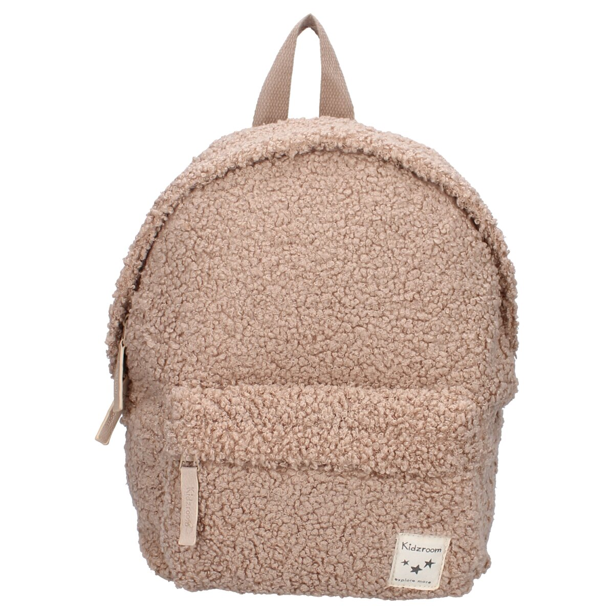 Ein Teddybär-Rucksack, braun mit Reißverschluss und kleinem Etikett.