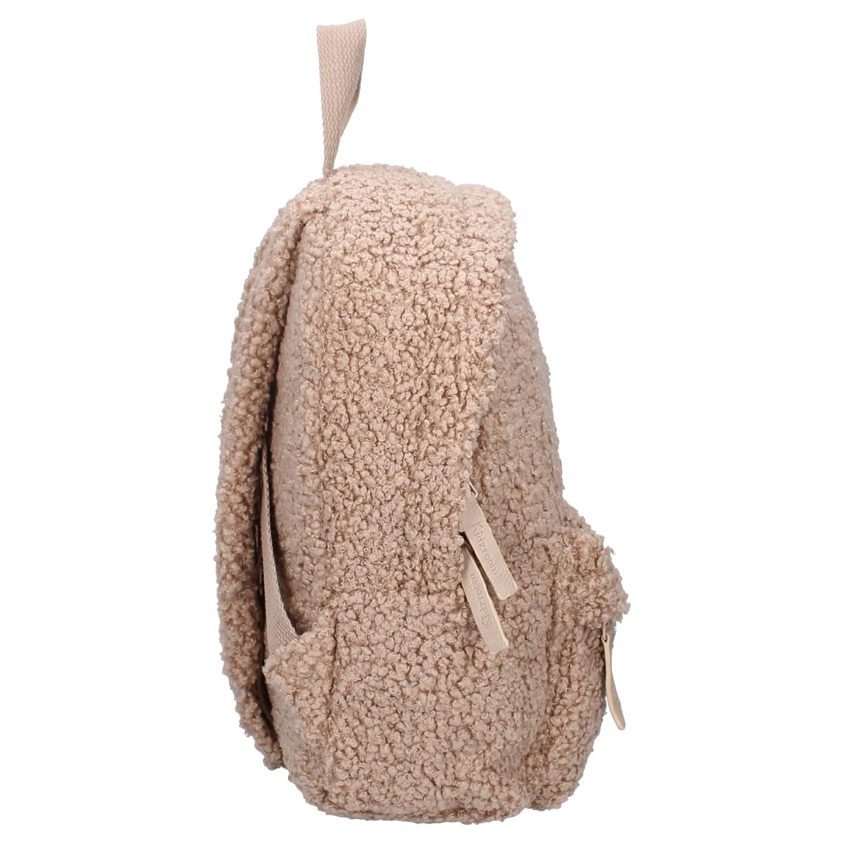 Seitenansicht eines beigefarbenen, flauschigen Rucksacks mit kleiner Vordertasche und Reißverschluss.