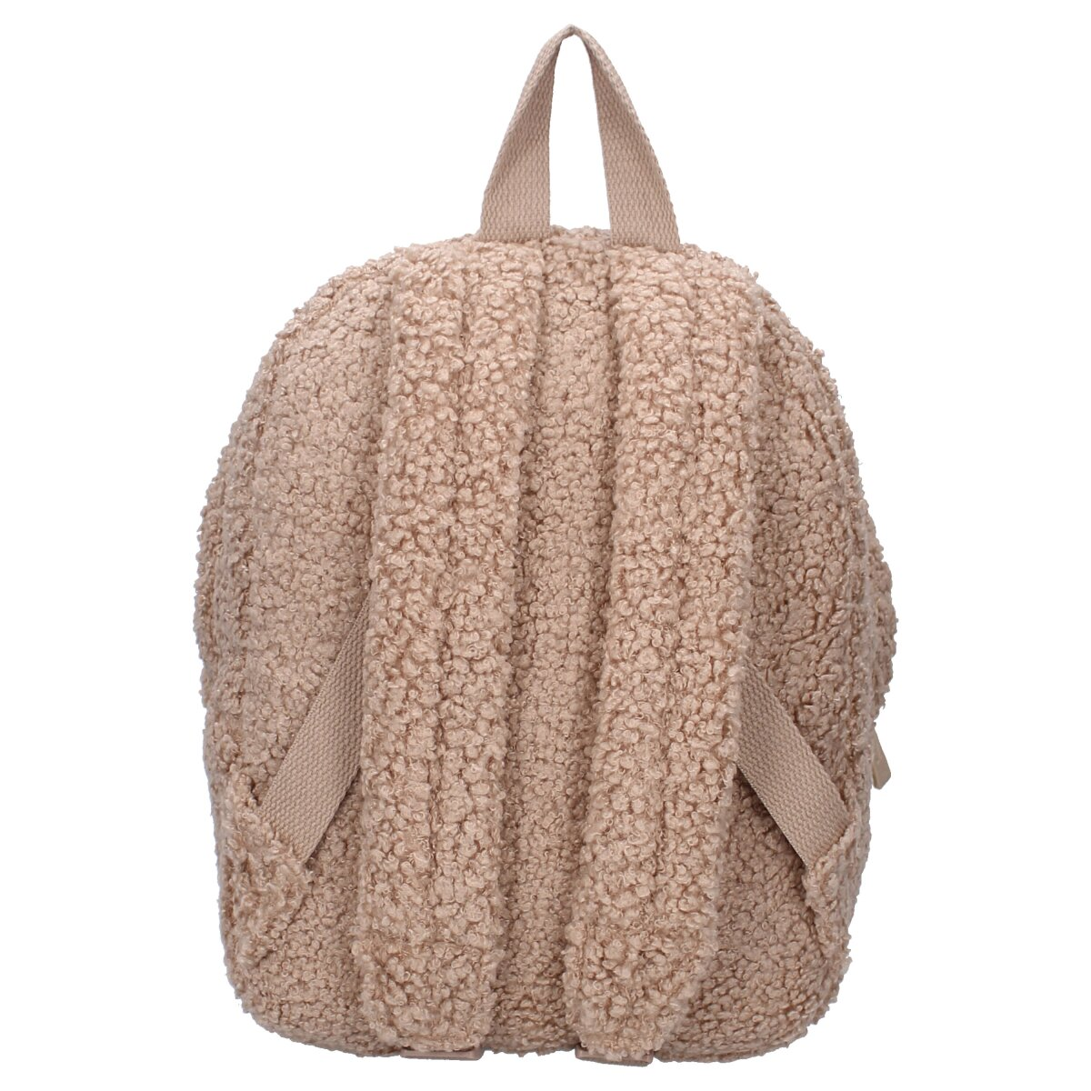 Beigefarbener, flauschiger Rucksack von hinten. Gurte und ein kleiner Griff sind sichtbar.