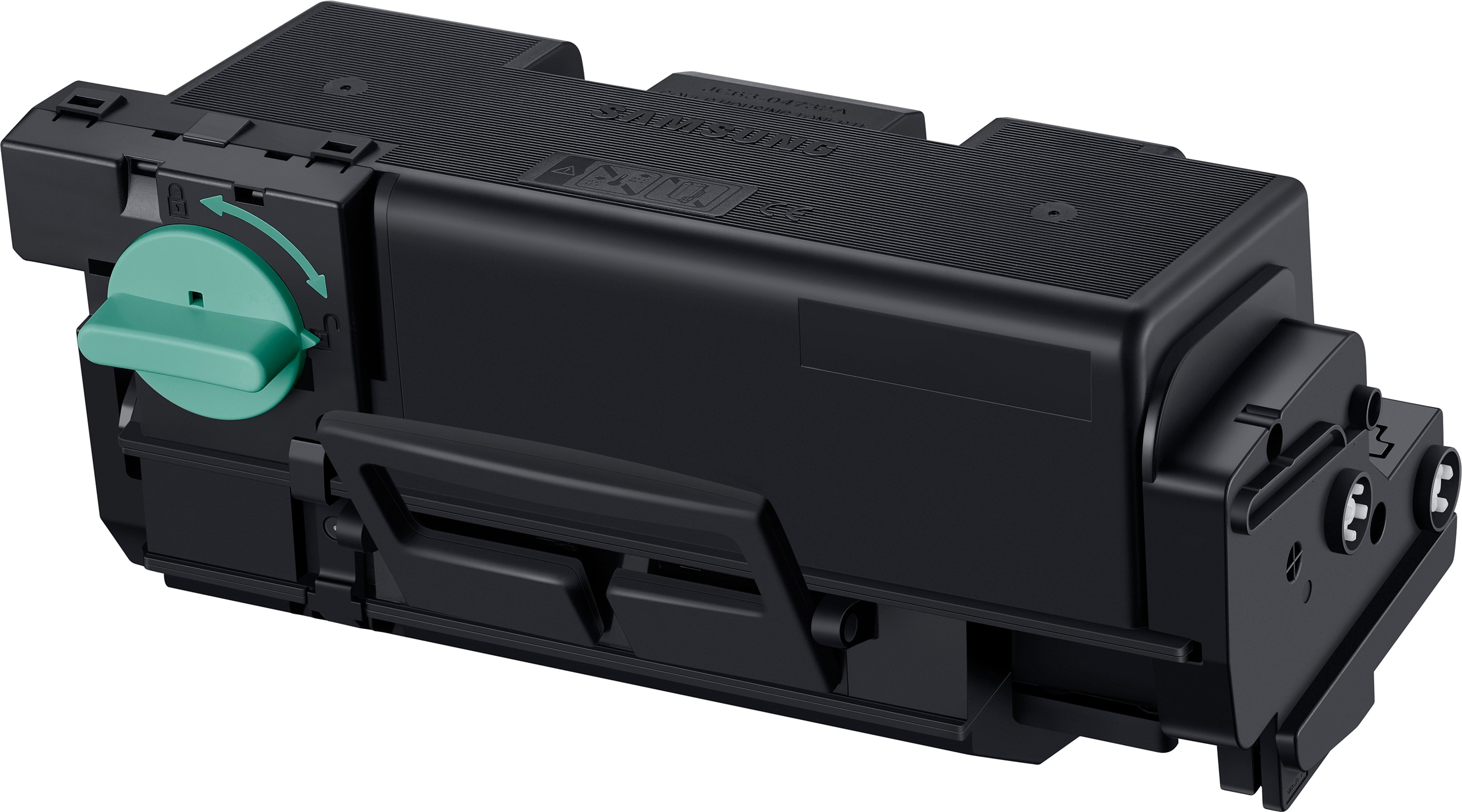 A black Samsung printer toner cartridge. A green turning mechanism is visible on the side.
