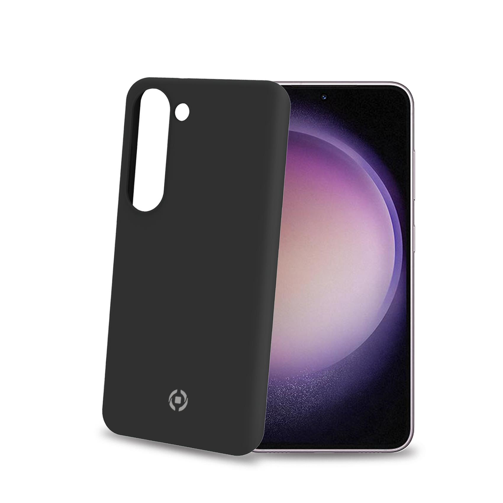 Custodia nera per telefono accanto a un telefono. Custodia nera con schermo viola.