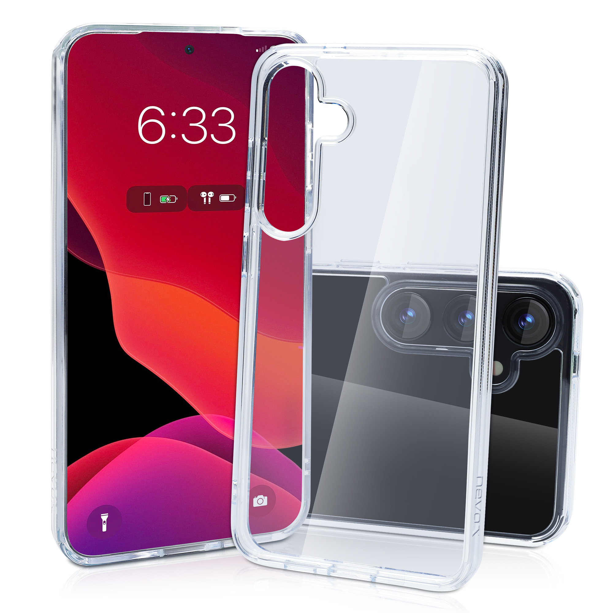 Telefono con custodia trasparente. Schermo con 6:33. Sfumatura rossa. Sfondo bianco.