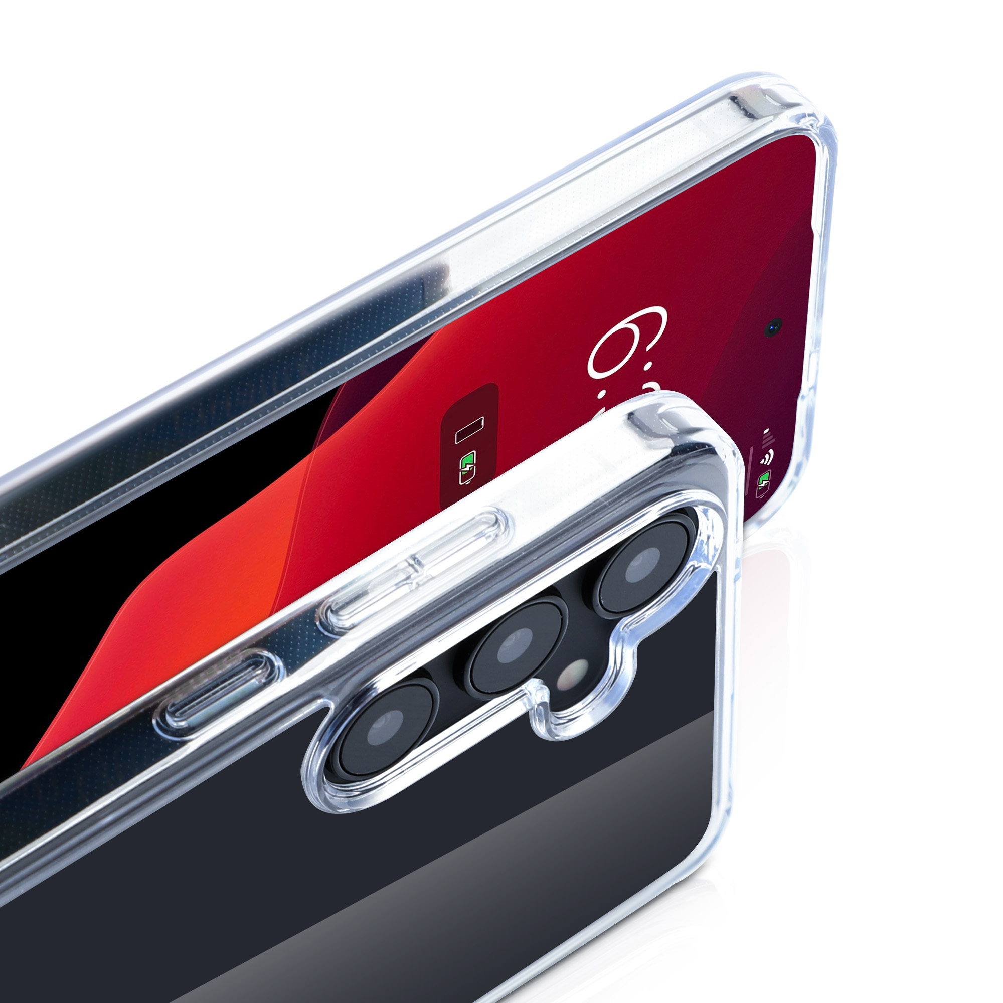 Telefono in custodia trasparente. Sfumatura rossa e nera sullo schermo. Sfondo bianco.
