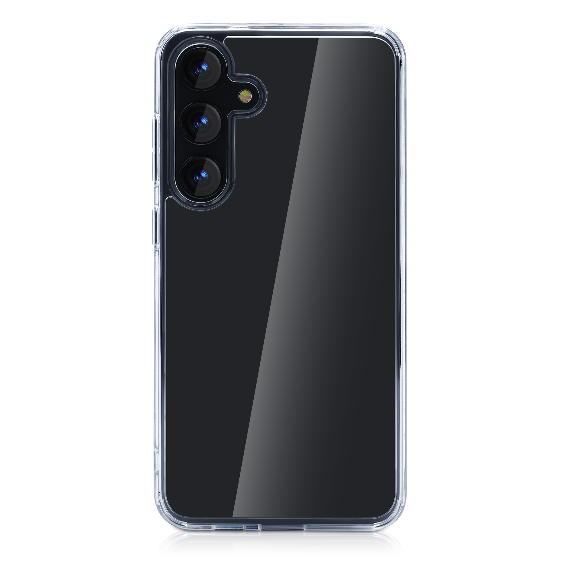 Custodia trasparente per telefono. Sono visibili tre obiettivi della fotocamera. Sfondo bianco.