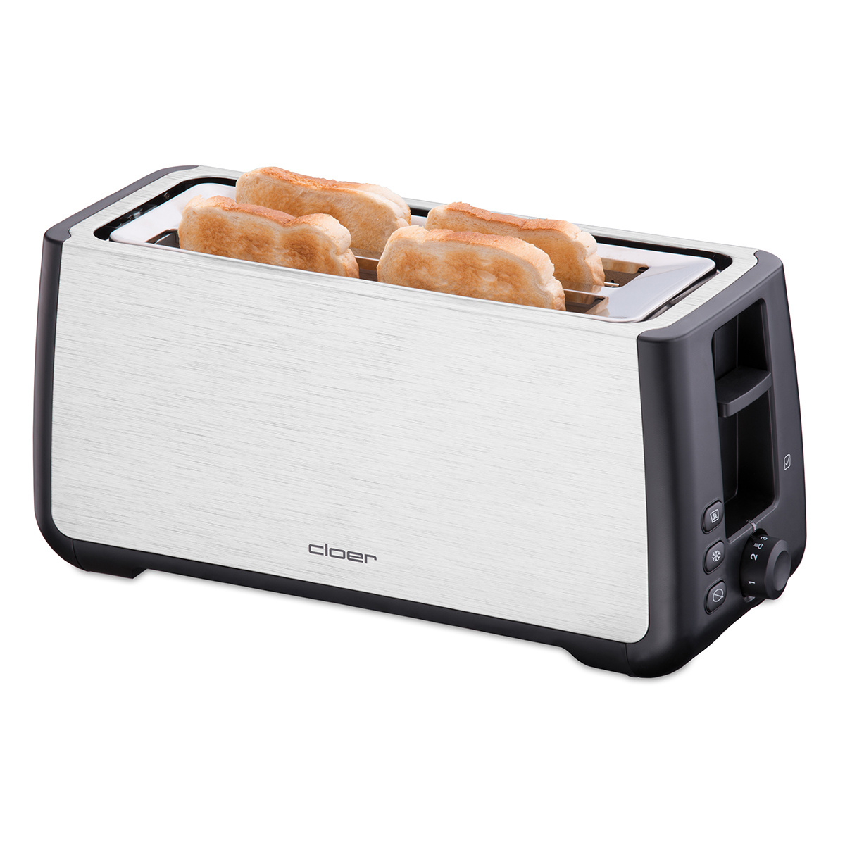 Toaster mit vier Toastscheiben. Der Hintergrund ist weiß.
