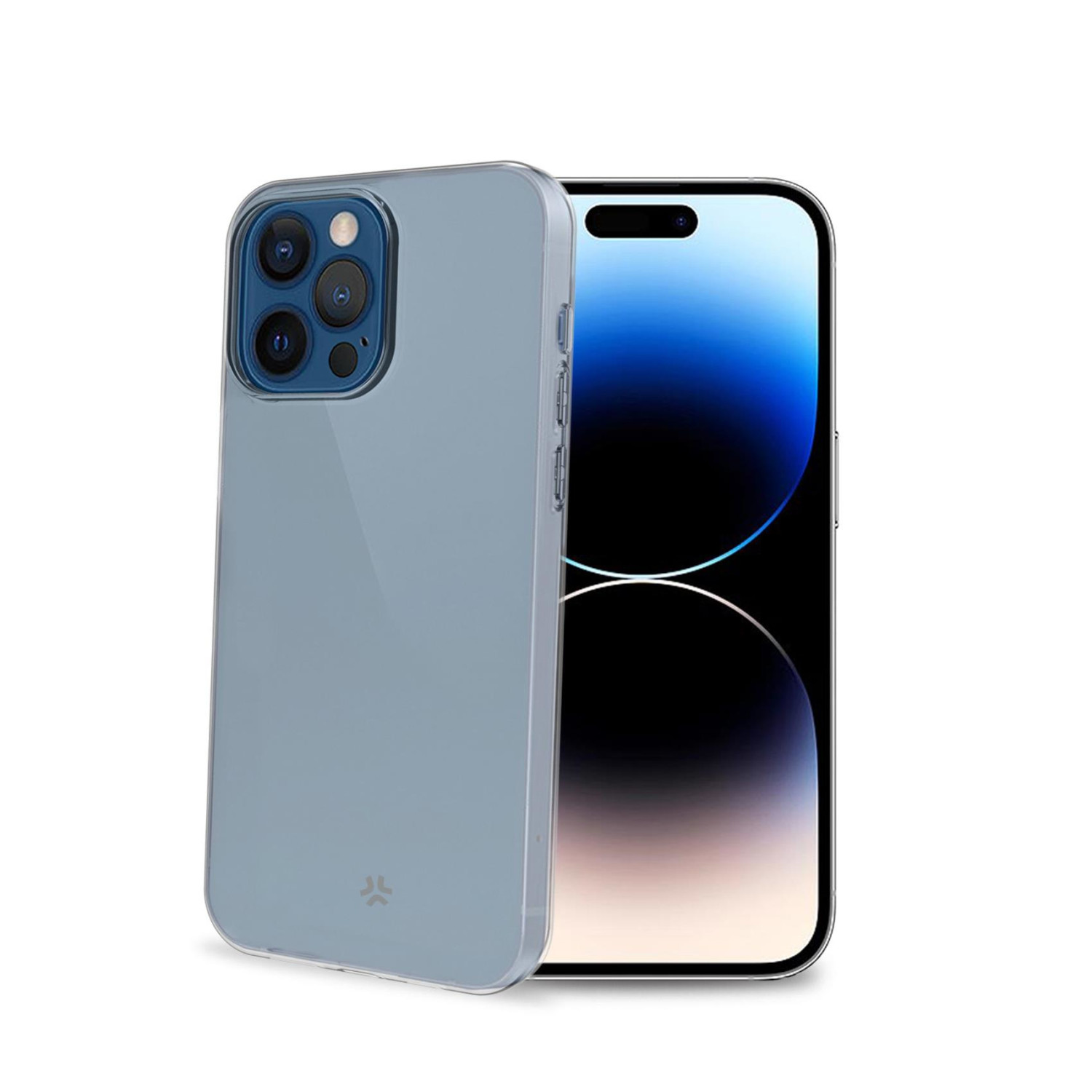 Ein Telefon und eine transparente Hülle. Das Telefon hat eine blaue Kamera. Die Hülle ist transparent und blau getönt.