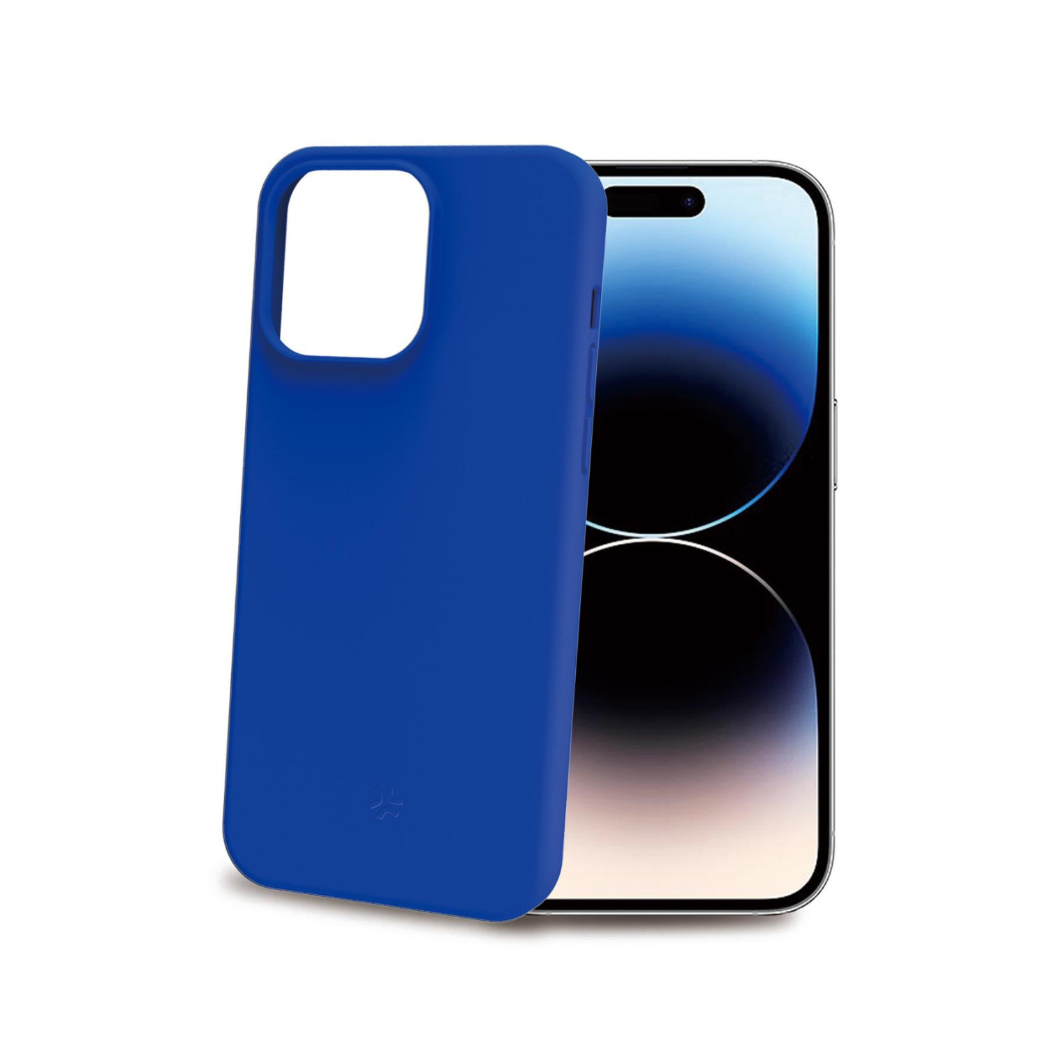 Custodia blu per telefono sopra un telefono. Il telefono è nero.