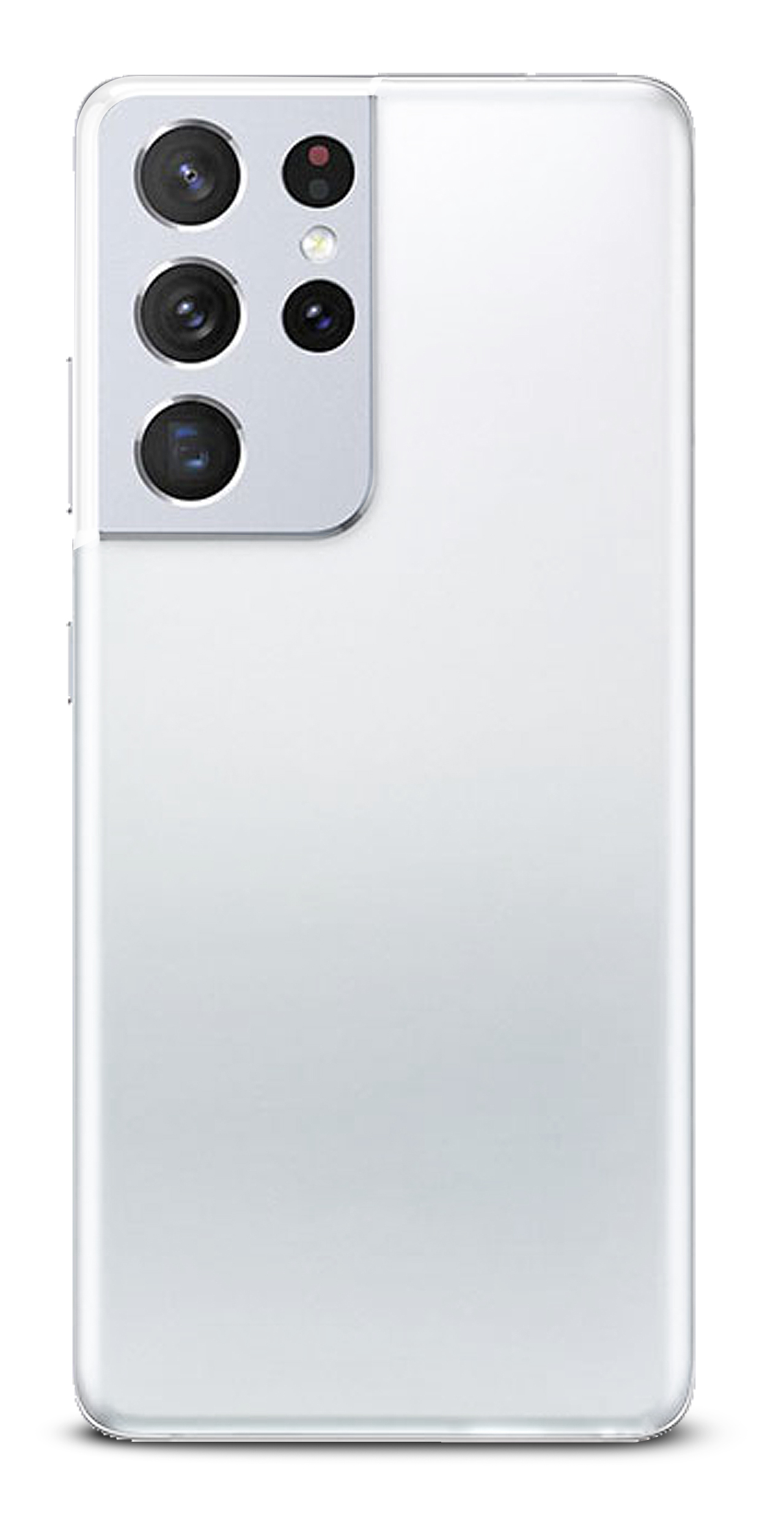 Uno smartphone bianco con più fotocamere posteriori. Lo sfondo è bianco.