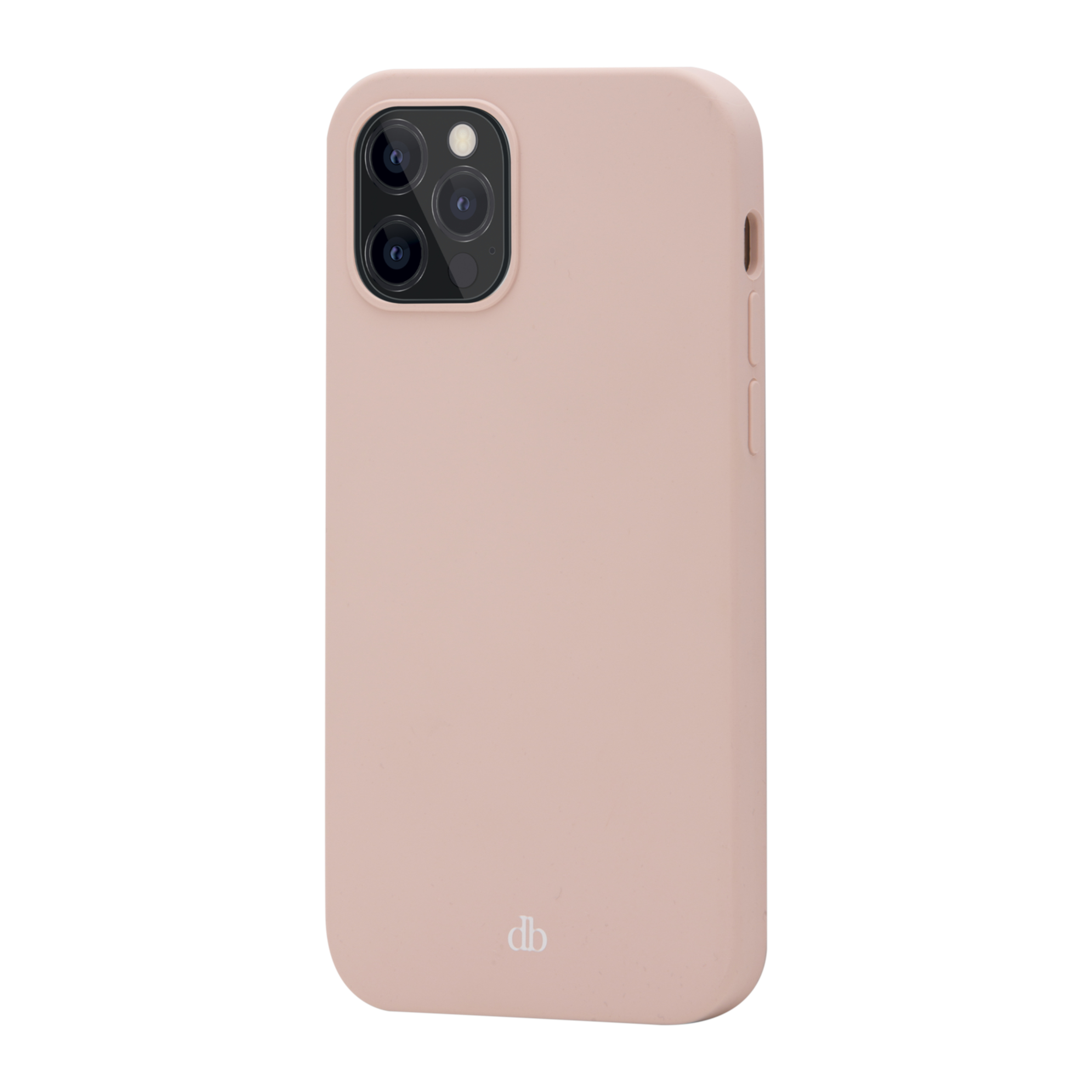 Custodia rosa per telefono. La custodia ha una texture liscia e un ritaglio per la fotocamera. Lo sfondo è bianco.