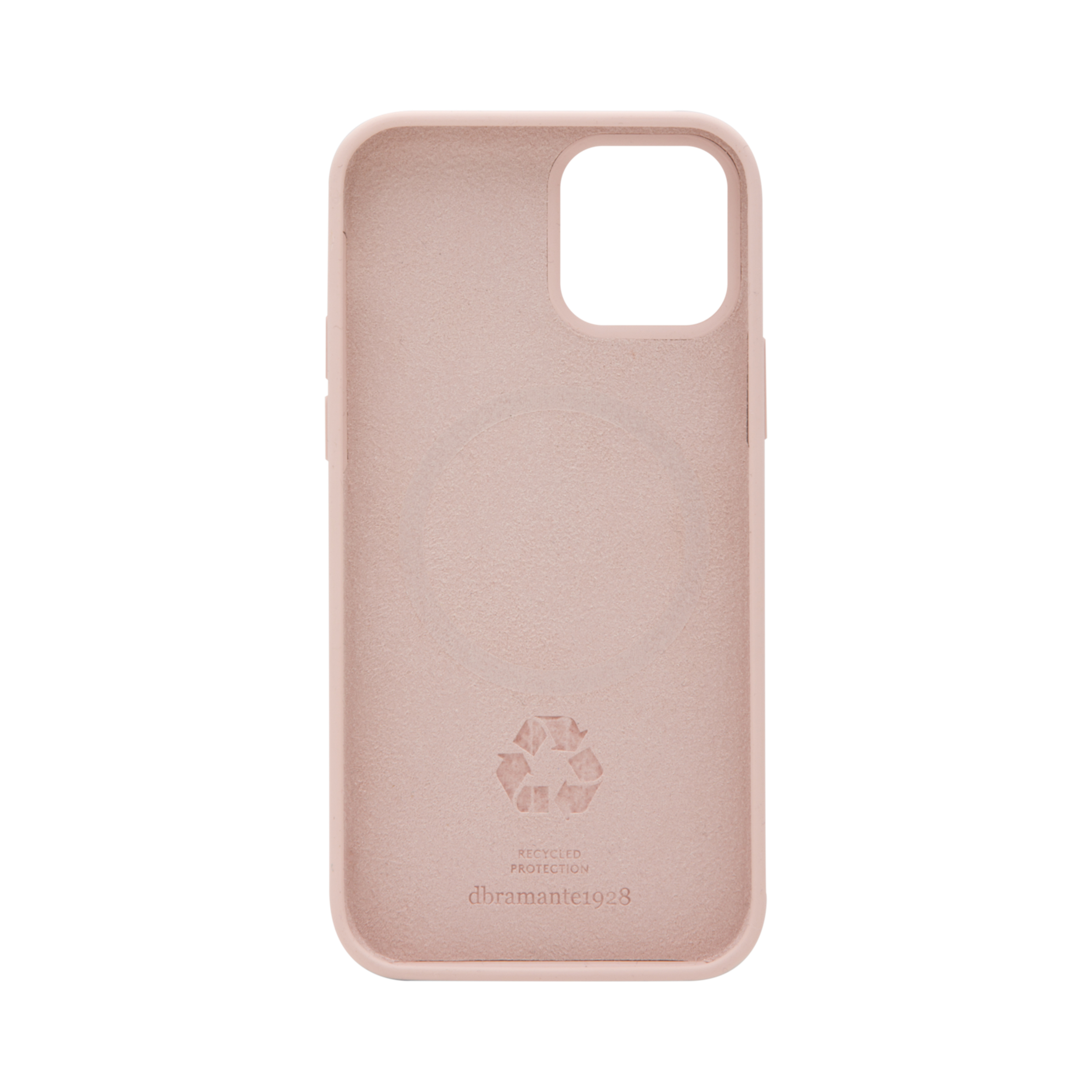 Una custodia rosa per telefono con un logo di riciclaggio, il testo 'dramante1928' e 'RECYCLED PROTECTION'. Sfondo bianco.