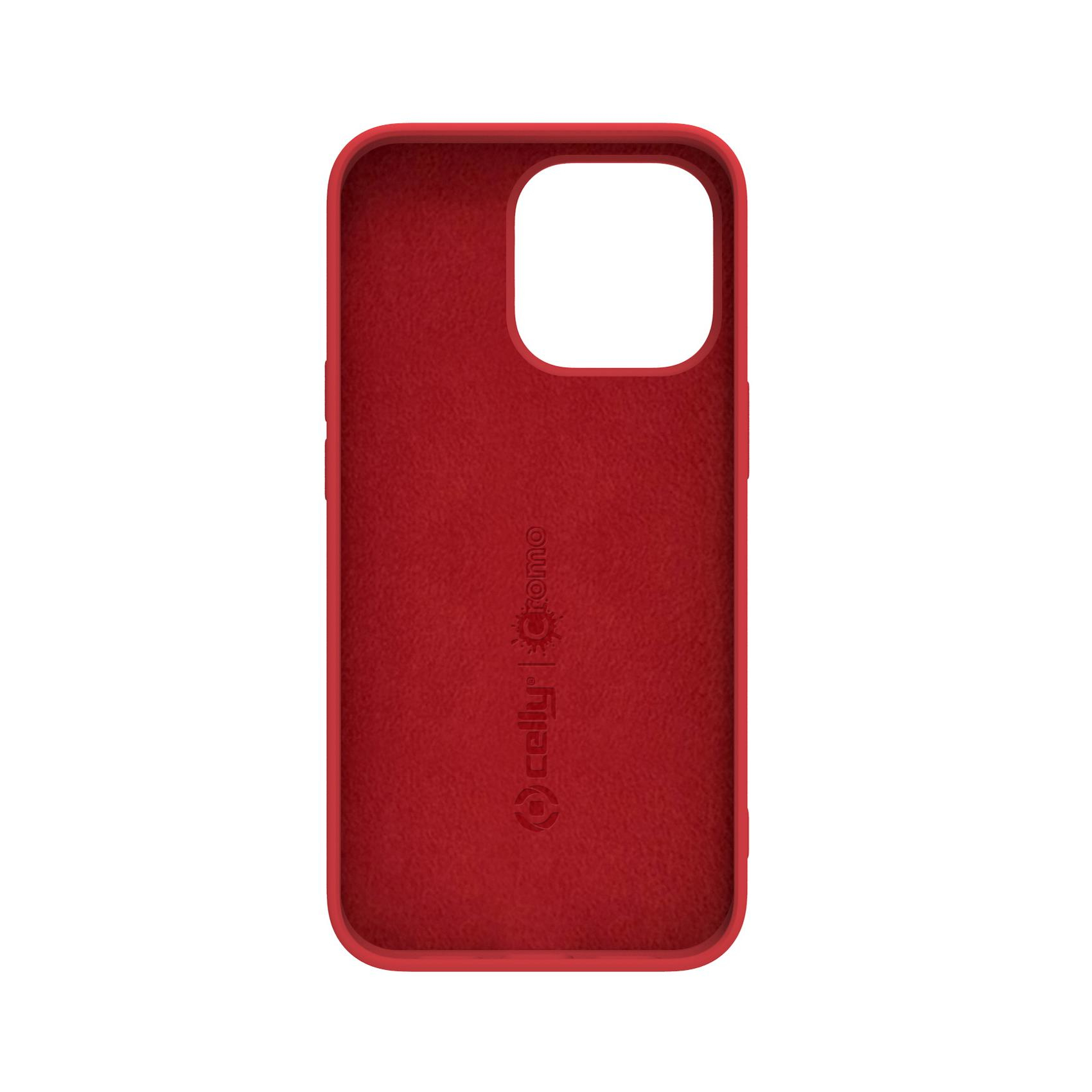 Interno di una custodia per telefono rossa. Il logo 'celly' è visibile. La custodia ha una trama ruvida. Sfondo bianco.