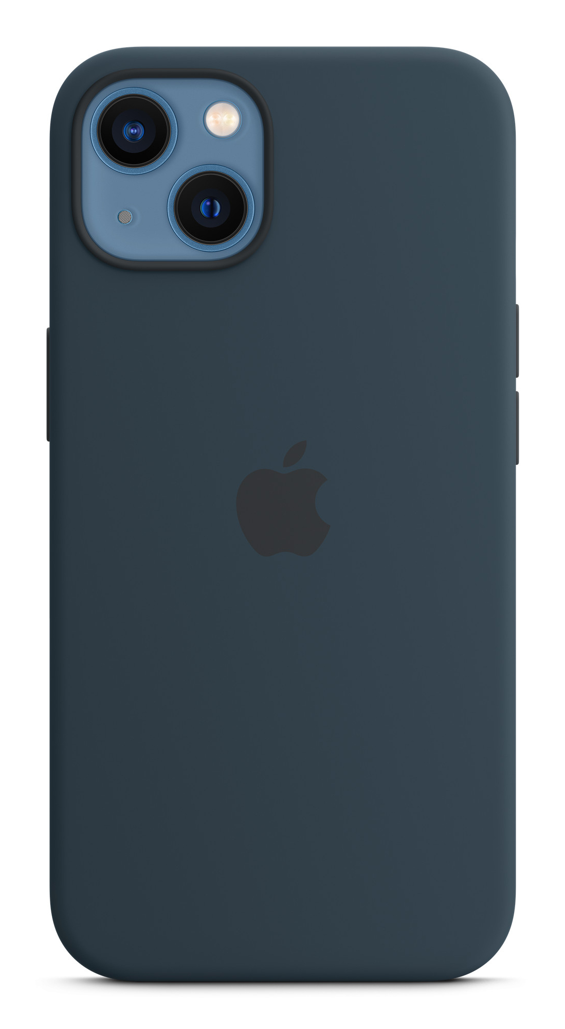 Een donkerblauwe telefoon met een zwart Apple-logo. Witte achtergrond.