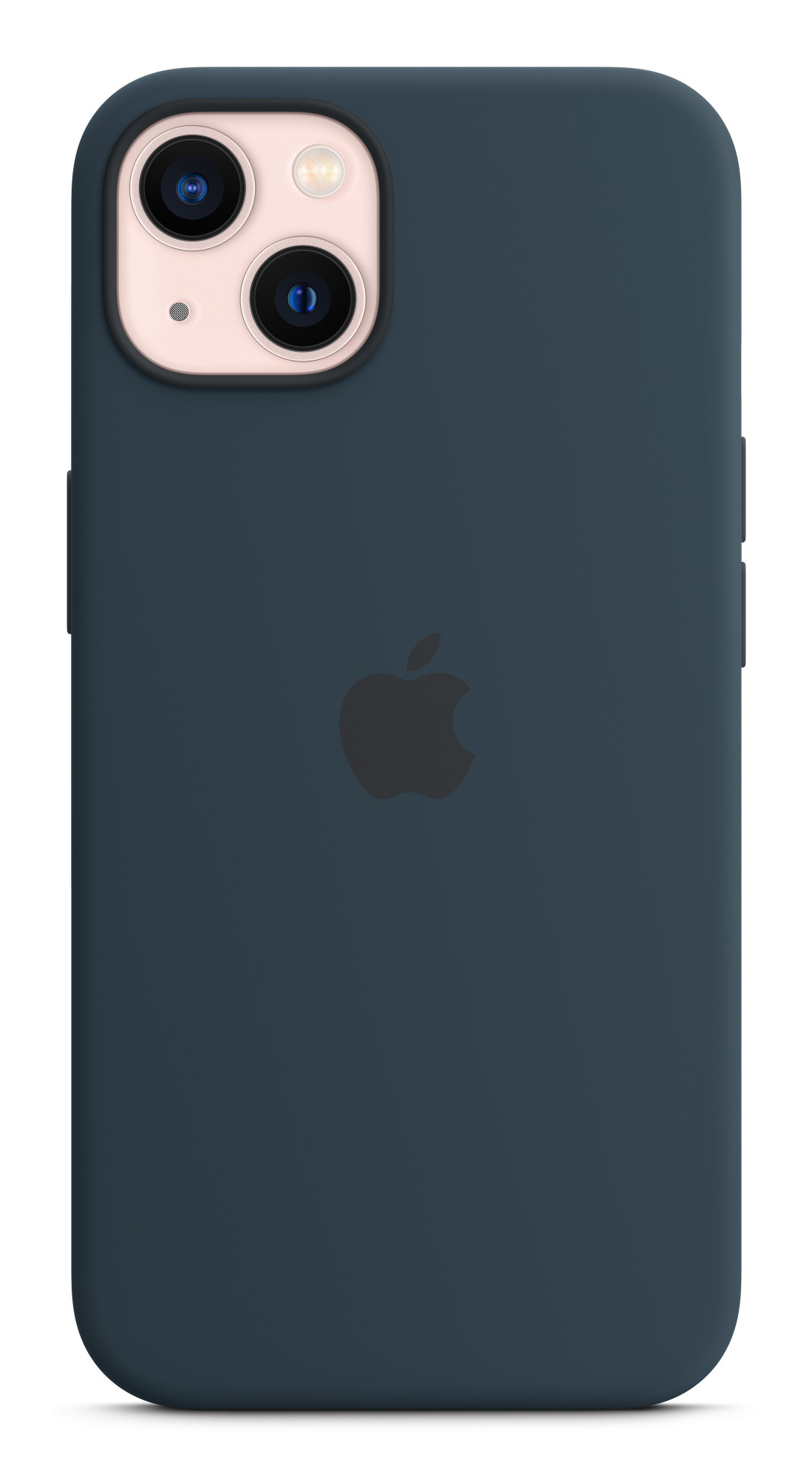 Donkerblauwe iPhone-hoes met het Apple-logo. Witte achtergrond.