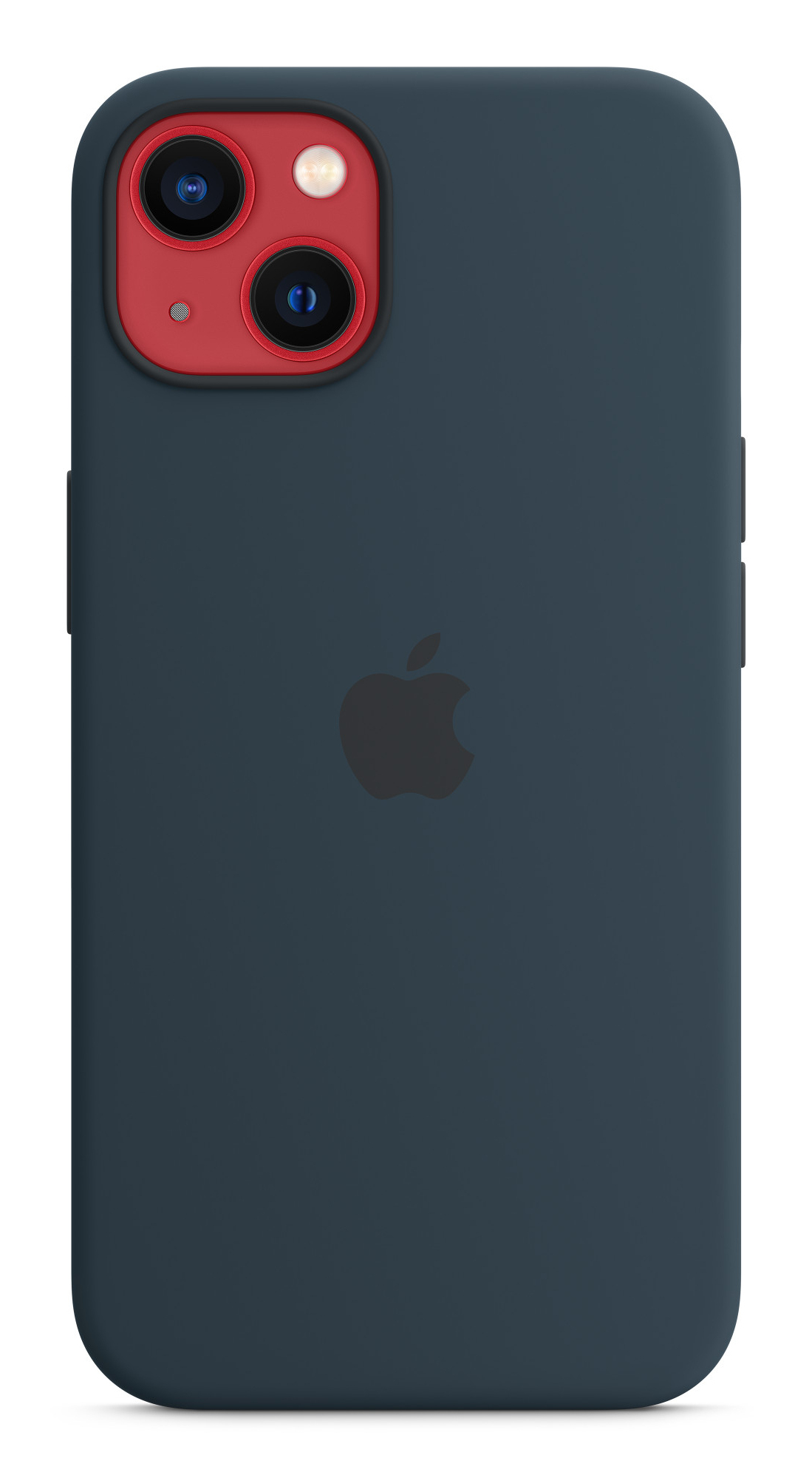 Blauwe iPhone-hoes met rode camera en Apple-logo.