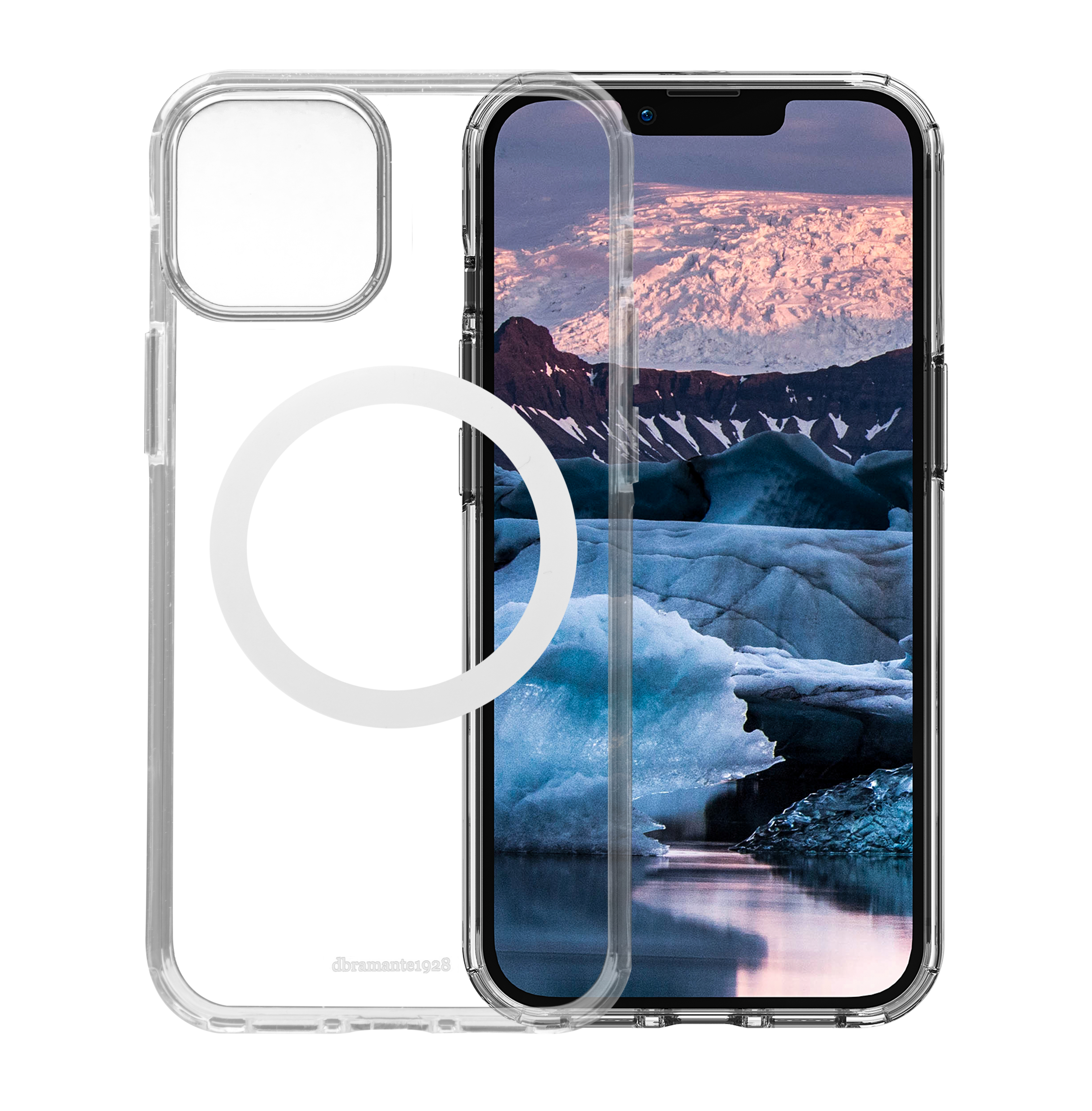 Custodia trasparente per telefono su un telefono che mostra un paesaggio montano innevato. La custodia ha un anello bianco.