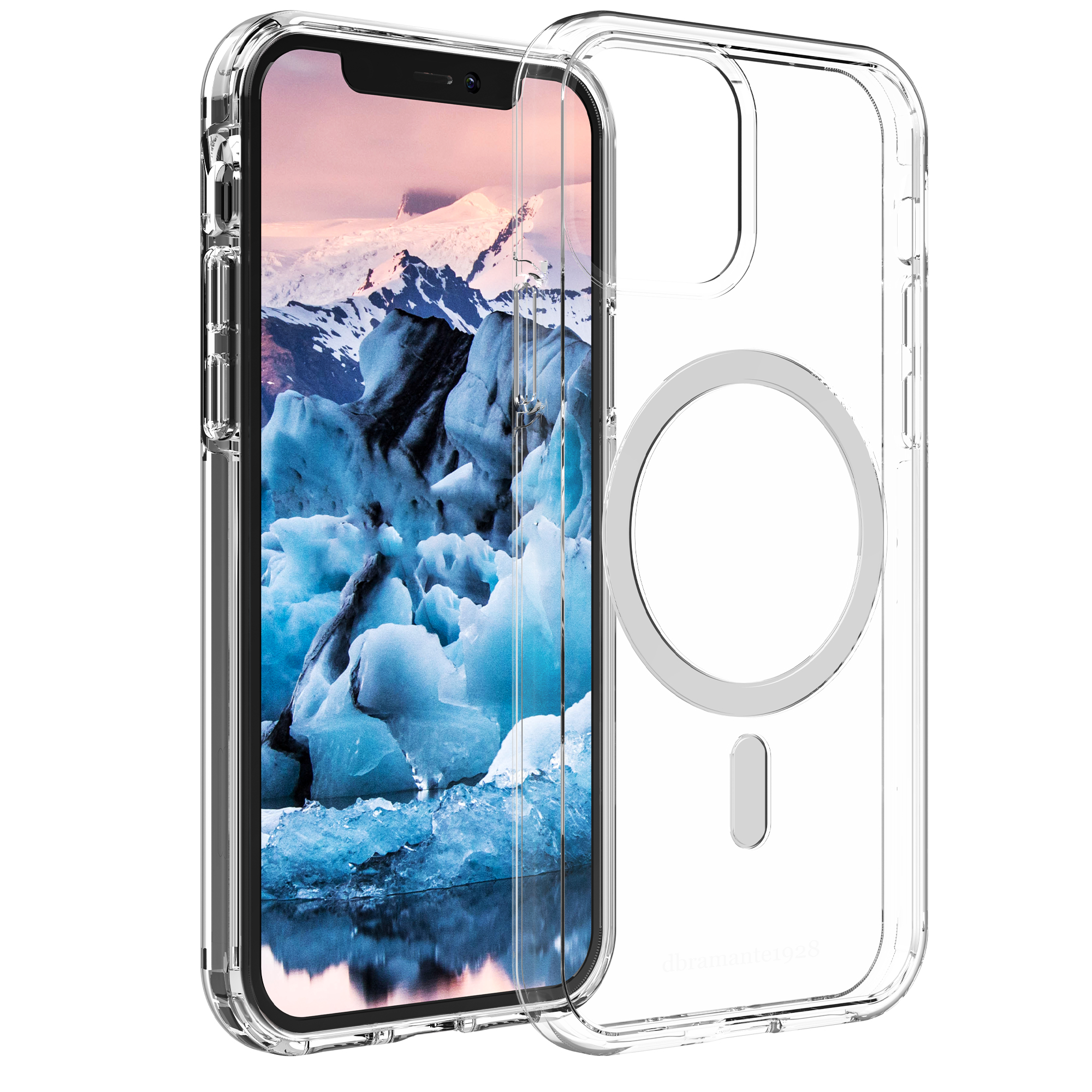 Custodia trasparente con un telefono all'interno. Il telefono mostra un paesaggio innevato. La custodia è trasparente.