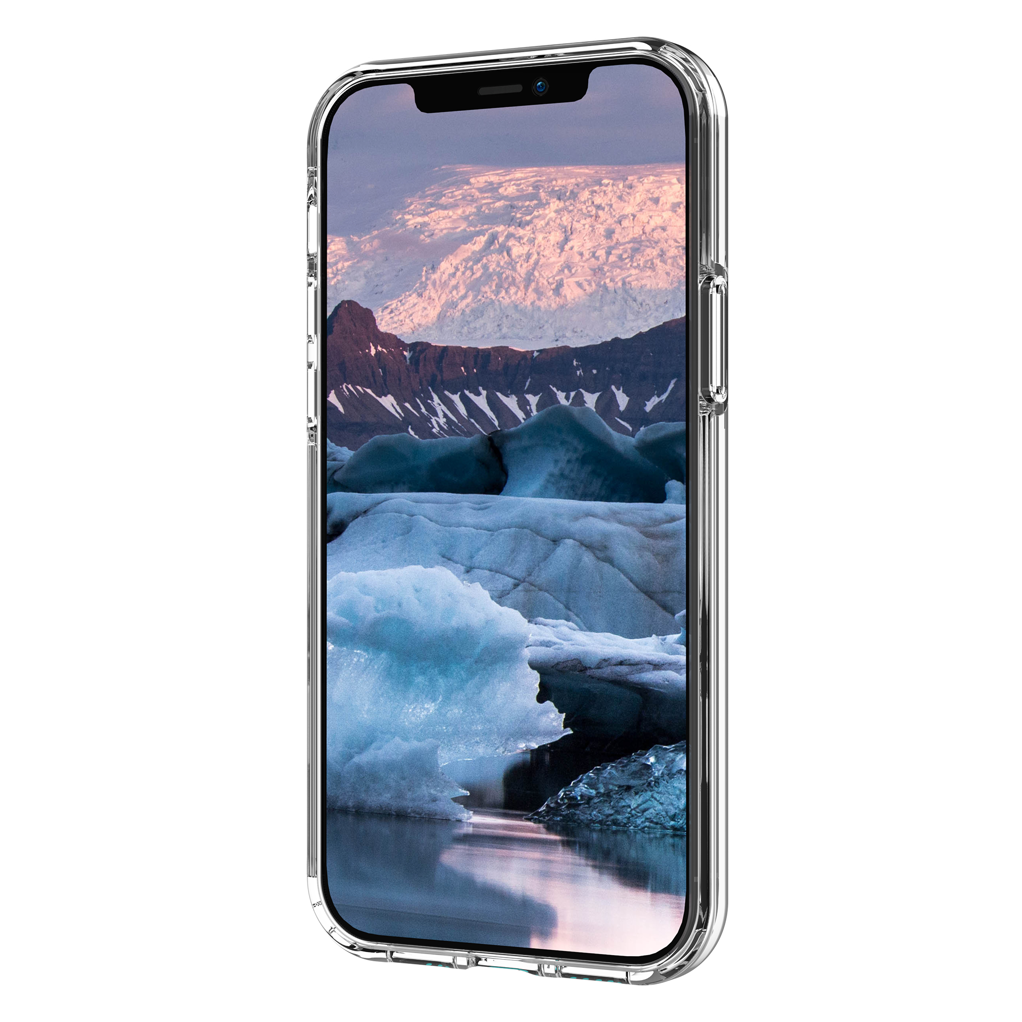 Custodia trasparente su un telefono che mostra un paesaggio montuoso e glaciale ghiacciato.