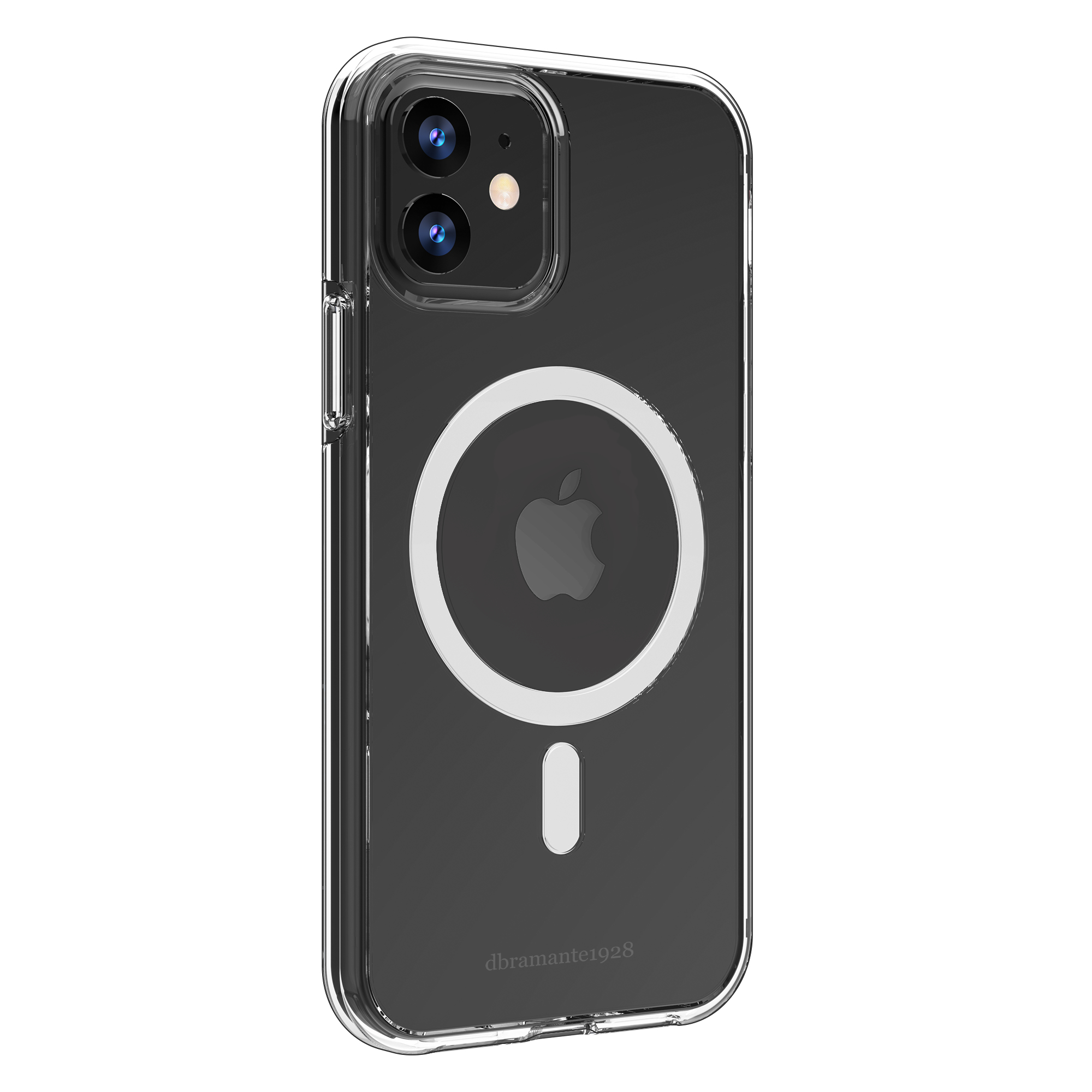 Una custodia trasparente per telefono con un iPhone visibile, che mostra il logo Apple.