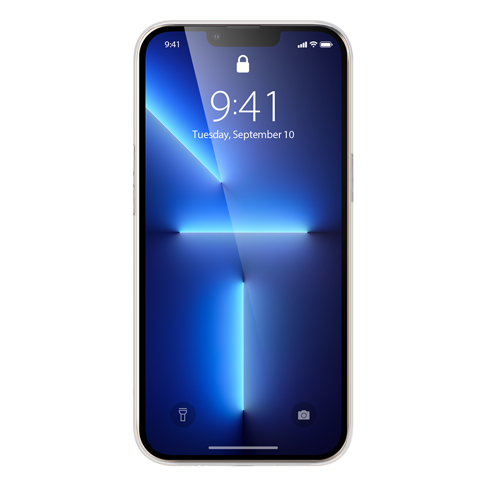 Uno smartphone con uno sfondo blu chiaro che mostra l'ora e un lucchetto.